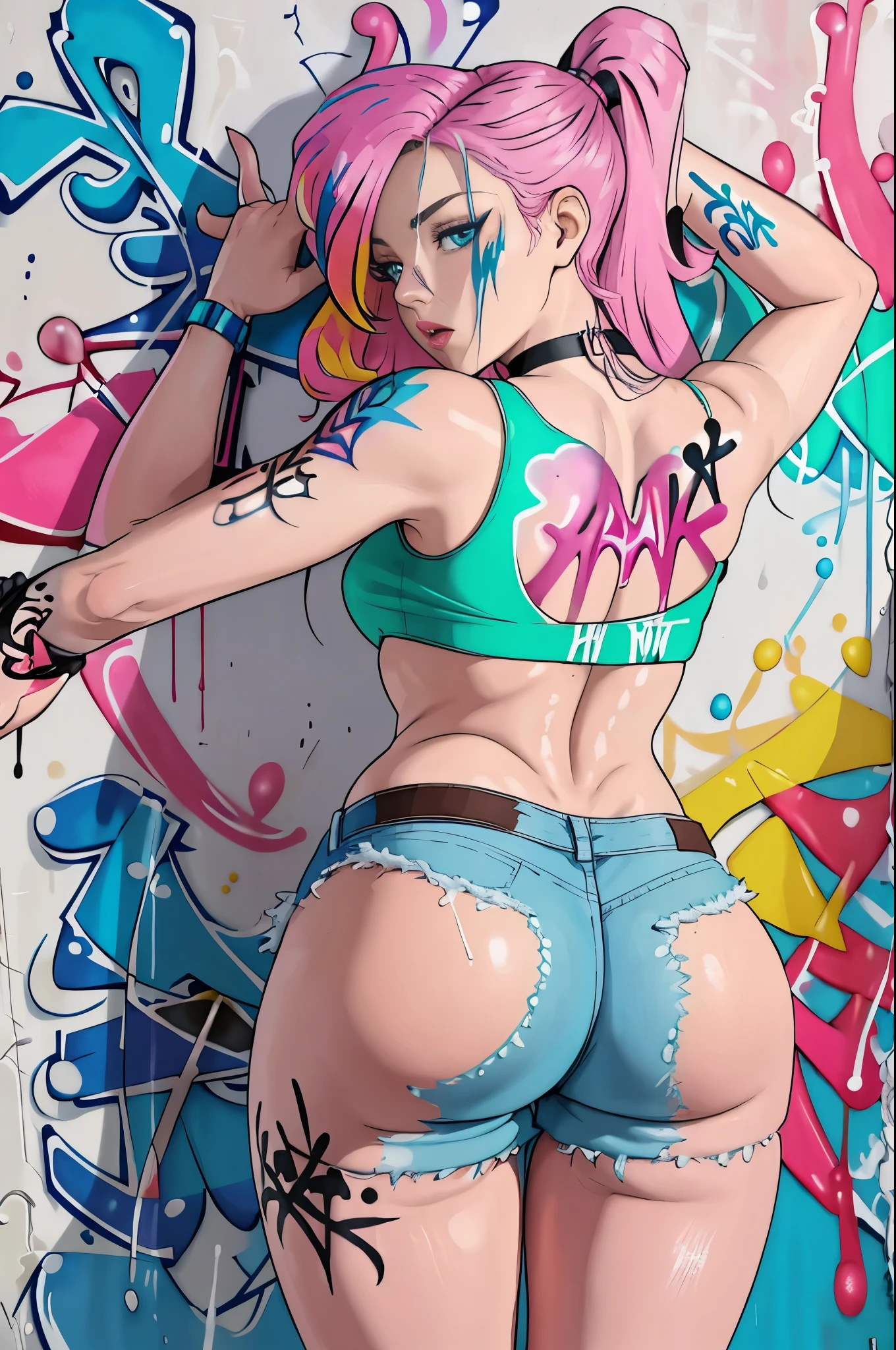 masterpiece, best quality, 25 years old beautiful woman, long hair, (mature face:1.4), 1woman, solo, crop top, denim shorts, choker, (from behind:1.4), plumb ass, thick thighs, thin waist, (graffiti:1.5), paint splatter, arms behind back, against wall, looking at viewer, armband, thigh strap, paint on body, head tilt, bored, multicolored hair (pink, blue), aqua eyes, headset