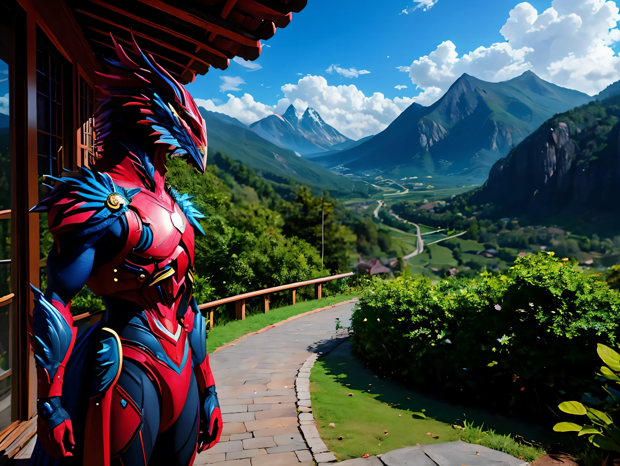 (masterpiece, best quality:1.2)，paldragon, solo，set against a lush, mountainous landscape