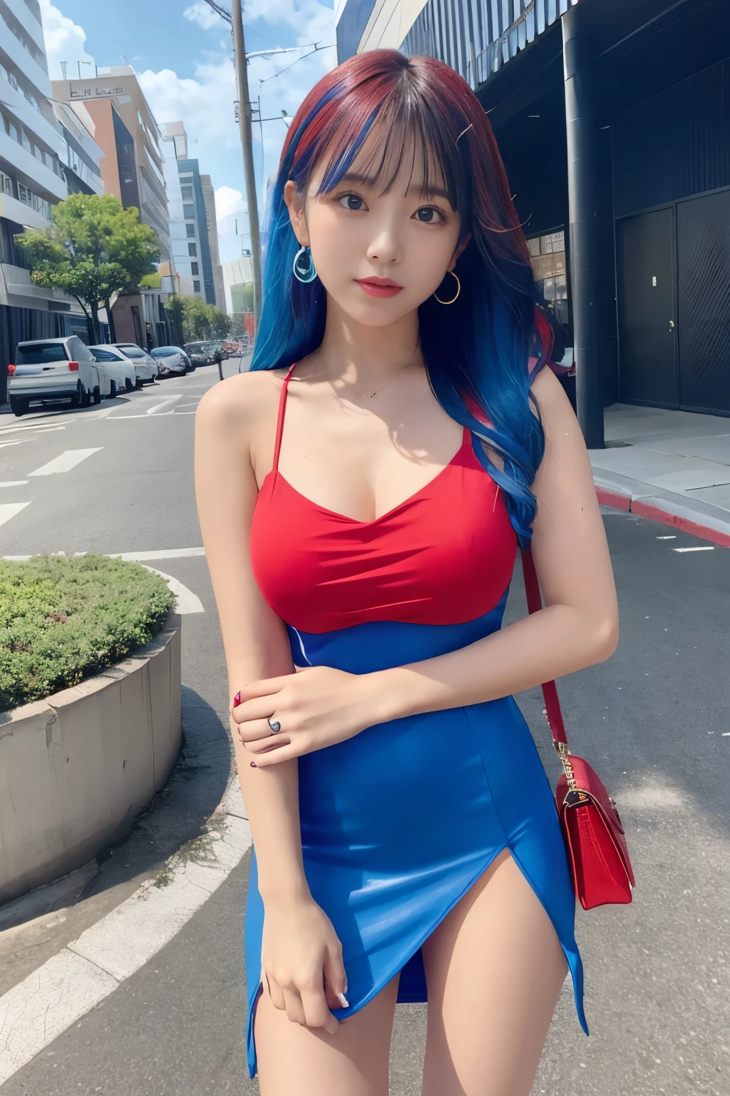 Idol、good style、、red and blue tight mini dress、、、whole body、colorful hair
