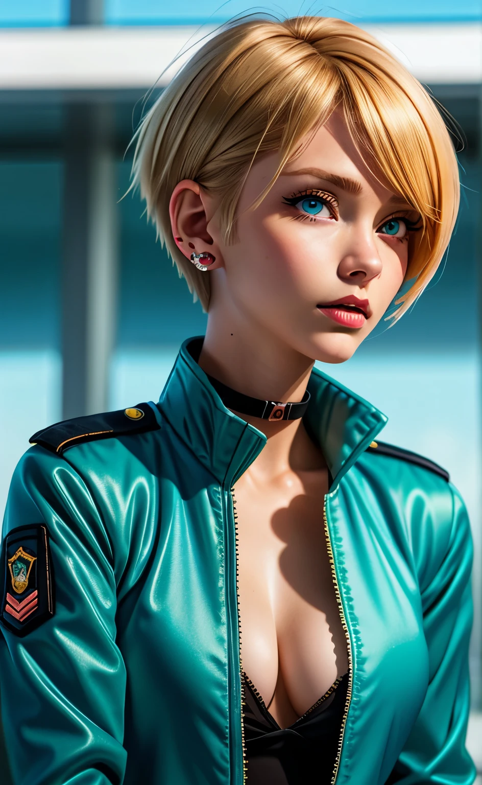 cartoon of a woman with only a collar and a jacket on, anime ss military jacket, naked jacket, digital art, top rated on pixiv, ecchi anime style, enbie girl meme, ecchi style, small breasts, very short hair, dull blonde hair, undercut, flipped hair, aqua blue hair bow, large breasts, porcelain skin, aqua blue eyes, red earrings