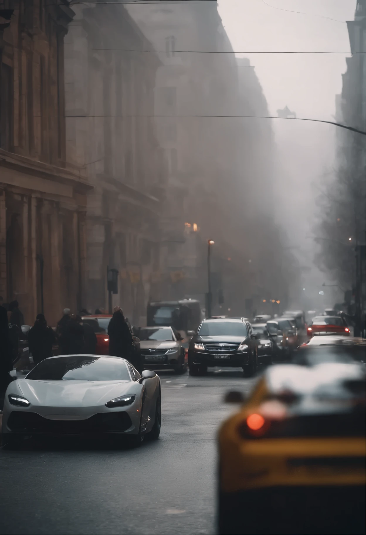 "bustling city, cars, vehicles, pedestrians on the side walks, Hyper-realistic, fog, toned down colors, Super high quality, C4D, high quality model, Magnificent, white colors, Strong light, In the daytime"