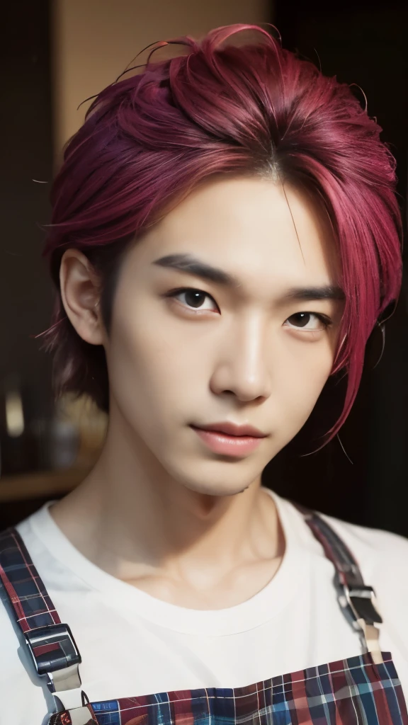 Create a high-quality, realistic image of a 30-year-old male, upper body visible, looking directly into the camera. He has a vibrant, colorful hairstyle that reflects his creative profession. His facial features are well-defined with a friendly smile, clear skin, and expressive eyes. He is wearing a stylish salon apron over a trendy, fitted shirt, indicative of a fashionable hairdresser. The overall impression is one of professionalism mixed with a flair for the artistic.