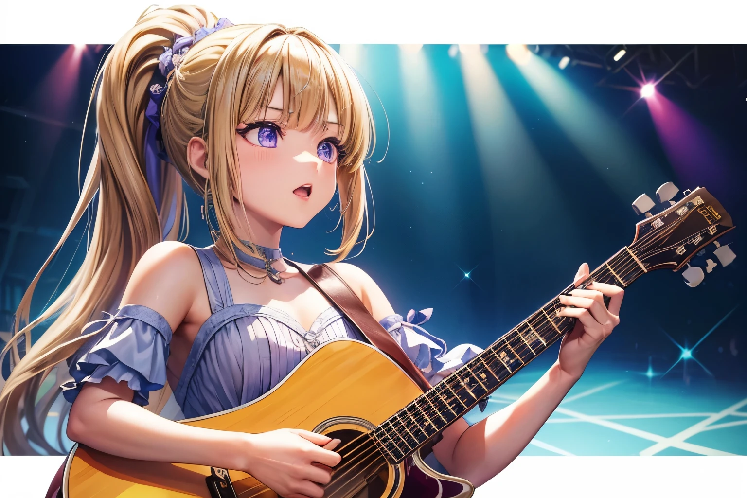 ((masterpiece:1.4, best quality)), ultra detailed, super detailed,Kei Karuizawa,1girl,blonde, ponytail, purple eyes, hd quality, wallpaper , singing , playing a guitar singing while playing guitar,idol,idol outfit , dress ornament, beautiful girl, enthusiastic, long shot view,