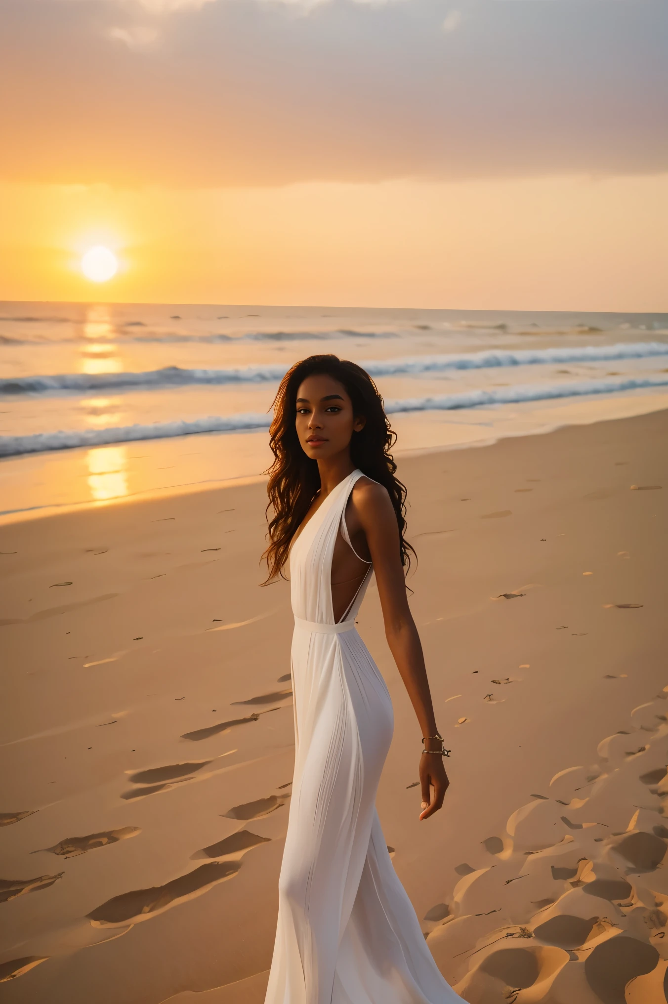 arafed, perfect face, light skin black instagram women supermodel, perfect face, perfect body, stretching standing up on a tropical sand road wearing white Italian linens, sunset, perfect face, light brown skin, very skinny, long wavy hair, thin body