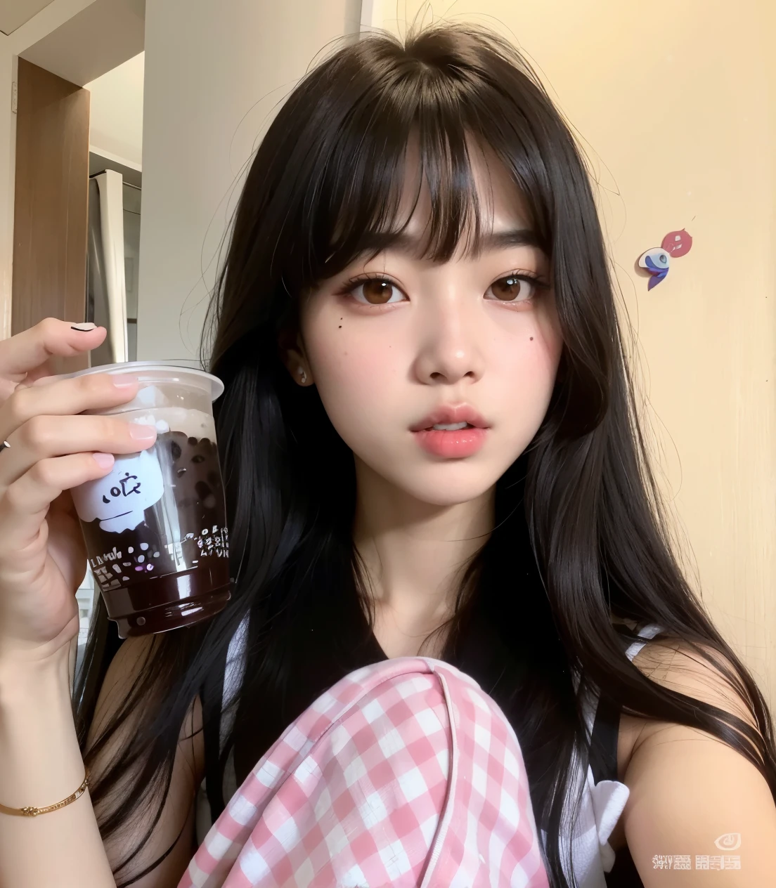 araffe girl with long black hair holding a cup of bubble tea, lalisa manobal, ulzzang, lalisa manoban of blackpink, bae suzy, she has black hair with bangs, jinyoung shin, the hime cut, with bangs, with full bangs, young adorable korean face, korean girl, jaeyeon nam, wan adorable korean face