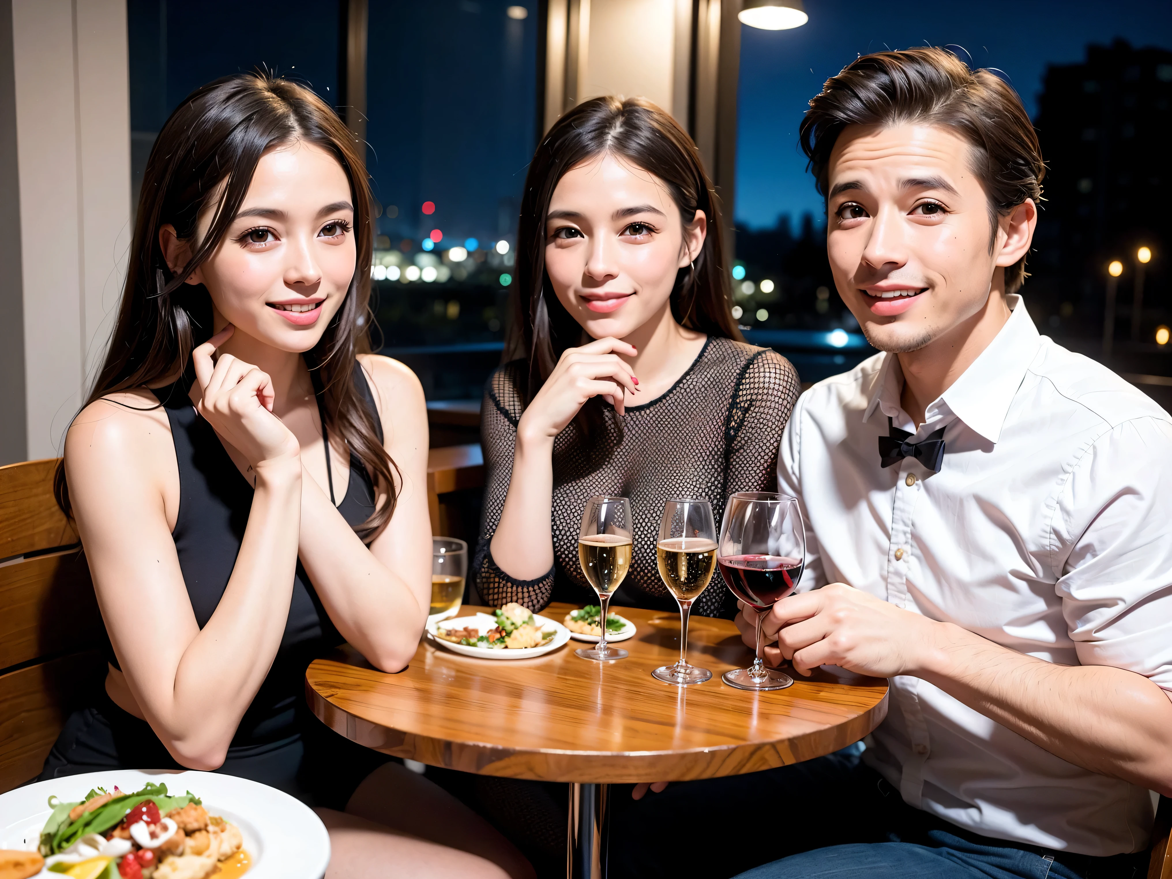 64k, UHD, highest quality, masterpiece: 1.2), (realistic, photorealistic: 1.37), Super detailed, 3 women who love wine、three men、restaurantでワイン宴会、(slimな男女4名),(Wine party for 5 people)、(slimフェイス),Happy、 最高なsmile、Fox Face、Raccoon face、Berry Short、(because I'thin), (brown hair), (shortcut), long sleeve shirt、winter fashion、Colombia、Brazilian、Japanese、Dutch、German、Portuguese、Belgian、Italian、french,champagne、Sparkling wine、 (gush), (slimボティ), (brown hair), (shortcut), Neat beauty、cheeks blush a little, (35 years old), 38 years old, alone, A beautiful and detailed night view spreads out outside the window..., restaurant, wine glassが座っている, At night, in a prominent place (from the Upper body) nova frog style, actress, model, Upper body, White wine, slim, wine glass, very beautiful night view, wine glass Put in the Middle, Happy smile, (smile: 1.15),