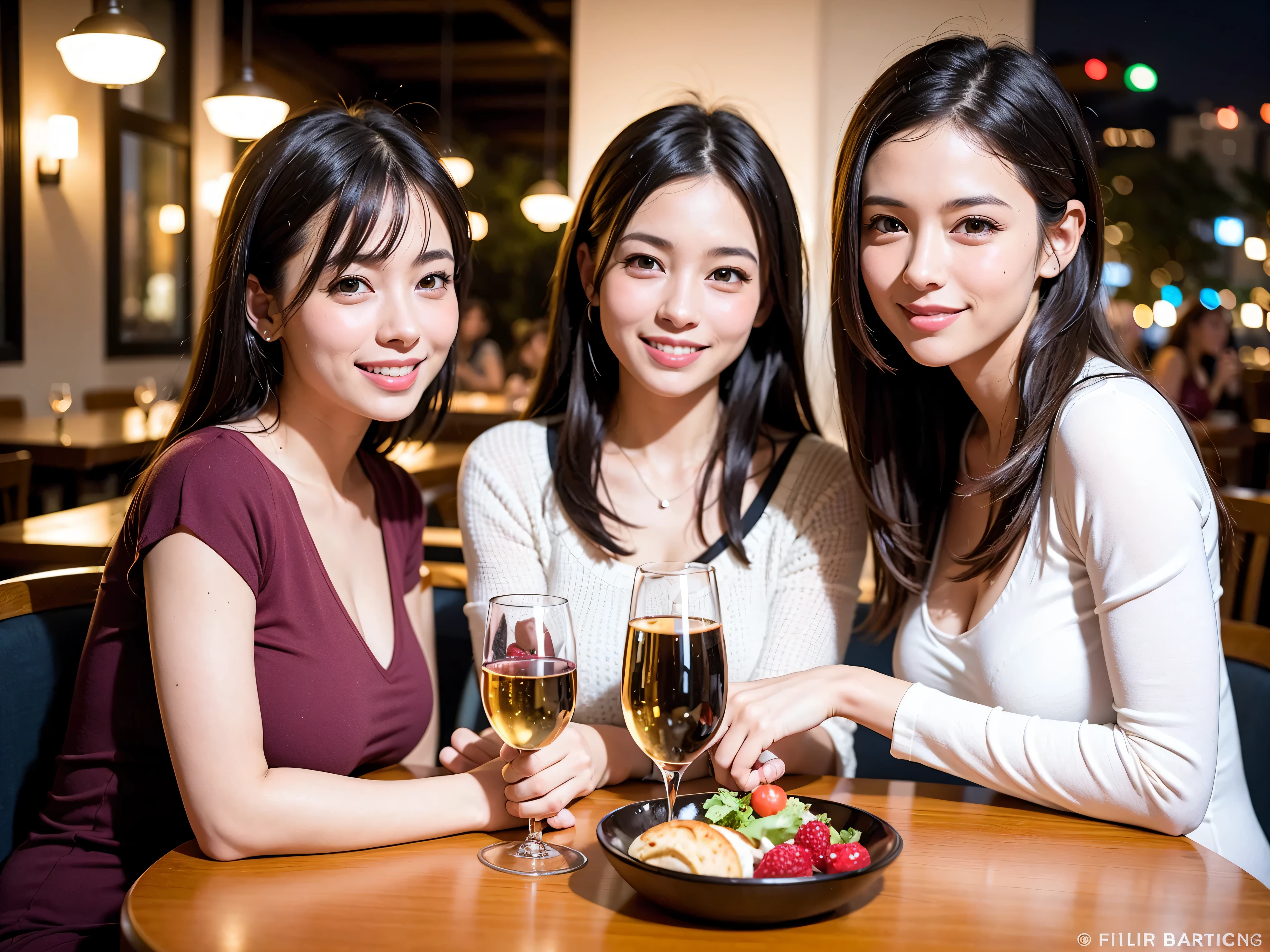 64k, UHD, highest quality, masterpiece: 1.2), (realistic, photorealistic: 1.37), Super detailed, 3 women who love wine、three men、restaurantでワイン宴会、(slimな男女4名),(Wine party for 5 people)、(slimフェイス),Happy、 最高なsmile、Fox Face、Raccoon face、Berry Short、(because I'thin), (brown hair), (shortcut), long sleeve shirt、winter fashion、Colombia、Brazilian、Japanese、Dutch、German、Portuguese、Belgian、Italian、french,champagne、Sparkling wine、 (gush), (slimボティ), (brown hair), (shortcut), Neat beauty、cheeks blush a little, (35 years old), 38 years old, alone, A beautiful and detailed night view spreads out outside the window..., restaurant, wine glassが座っている, At night, in a prominent place (from the Upper body) nova frog style, actress, model, Upper body, White wine, slim, wine glass, very beautiful night view, wine glass Put in the Middle, Happy smile, (smile: 1.15),
