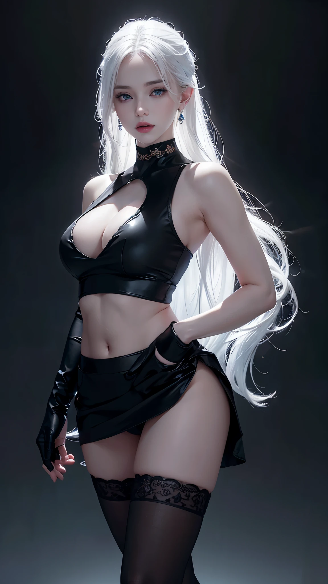 1 beautiful woman, pale white skin, long white hair (modern style), blue eyes, perfect body (athletic), choker, earrings, dark makeup, mouth half open, low-cut black top, visible navel, black miniskirt, high translucent lace stockings (black), perfectly round butt, sexy pose, (masterpiece), (8K), (photorealistic), (ray tracing), (excellent lighting effect).