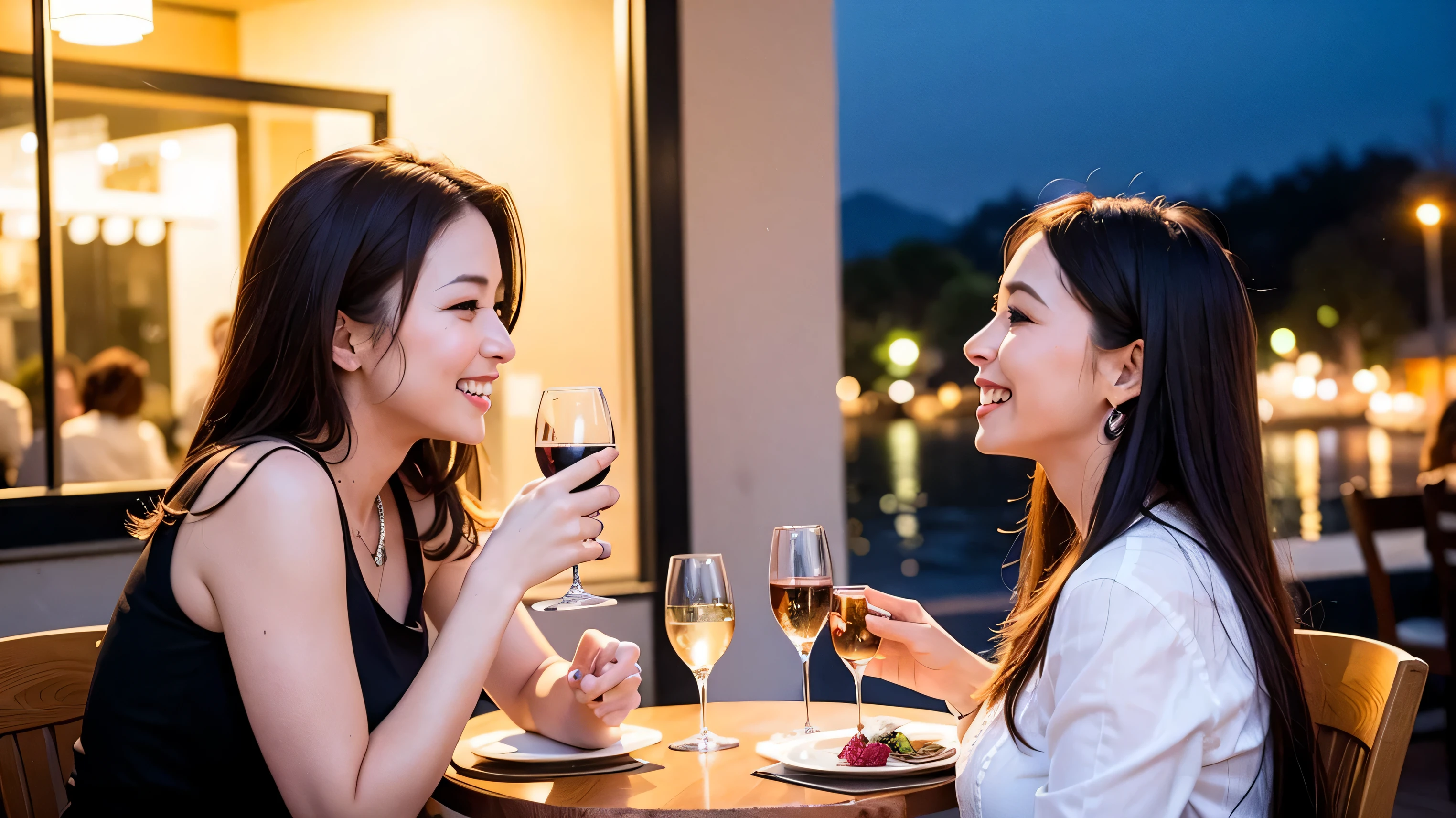 64k, UHD, highest quality, masterpiece: 1.2), (realistic, photorealistic: 1.37), Super detailed, 3 women who love wine、three men、restaurantでワイン宴会、(slimな男女4名),(Wine party for 5 people)、(slimフェイス),Happy、 最高なsmile、Fox Face、Raccoon face、Berry Short、(because I'thin), (brown hair), (shortcut), long sleeve shirt、winter fashion、Colombia、Brazilian、Japanese、Dutch、German、Portuguese、Belgian、Italian、french,champagne、Sparkling wine、 (gush), (slimボティ), (brown hair), (shortcut), Neat beauty、cheeks blush a little, (35 years old), 38 years old, alone, A beautiful and detailed night view spreads out outside the window..., restaurant, wine glassが座っている, At night, in a prominent place (from the Upper body) nova frog style, actress, model, Upper body, White wine, slim, wine glass, very beautiful night view, wine glass Put in the Middle, Happy smile, (smile: 1.15),