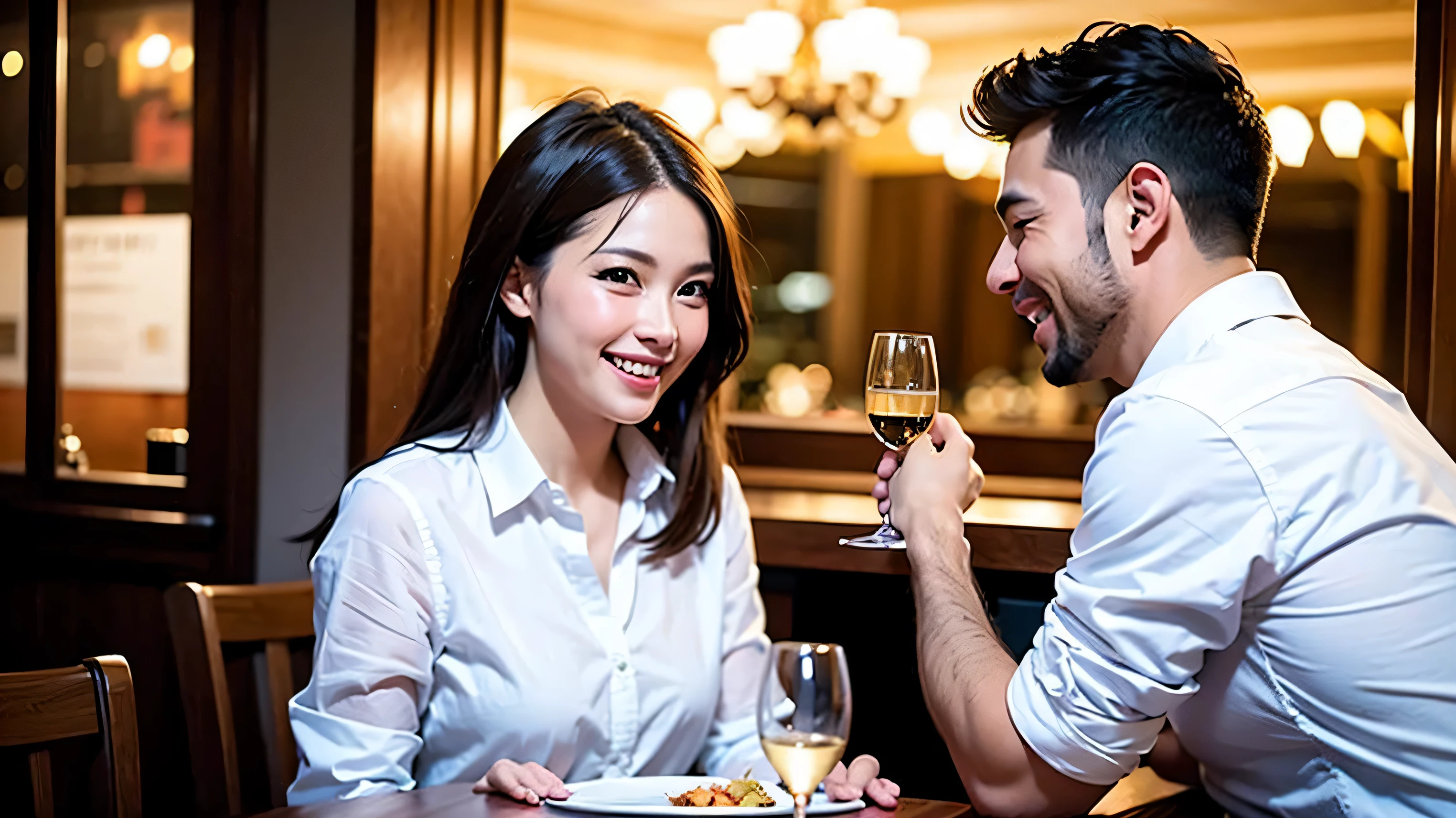 64k, UHD, highest quality, masterpiece: 1.2), (realistic, photorealistic: 1.37), Super detailed, 3 women who love wine、three men、restaurantでワイン宴会、(slimな男女4名),(Wine party for 5 people)、(slimフェイス),Happy、 最高なsmile、Fox Face、Raccoon face、Berry Short、(because I'thin), (brown hair), (shortcut), long sleeve shirt、winter fashion、Colombia、Brazilian、Japanese、Dutch、German、Portuguese、Belgian、Italian、french,champagne、Sparkling wine、 (gush), (slimボティ), (brown hair), (shortcut), Neat beauty、cheeks blush a little, (35 years old), 38 years old, alone, A beautiful and detailed night view spreads out outside the window..., restaurant, wine glassが座っている, At night, in a prominent place (from the Upper body) nova frog style, actress, model, Upper body, White wine, slim, wine glass, very beautiful night view, wine glass Put in the Middle, Happy smile, (smile: 1.15),