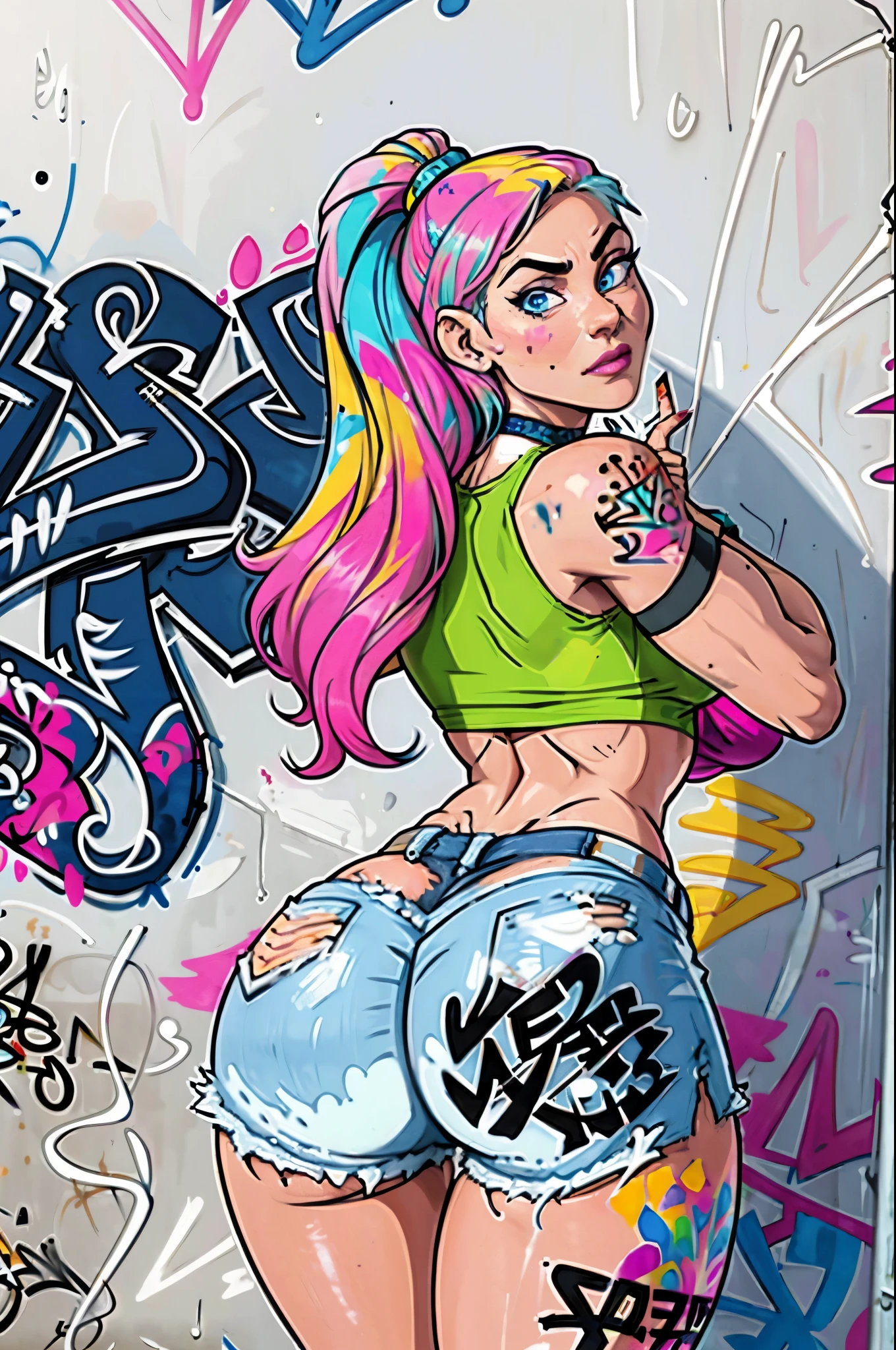 masterpiece, best quality, 25 years old beautiful woman, long hair, (mature face:1.4), 1woman, solo, crop top, denim shorts, choker, (from behind:1.4), plumb ass, thick thighs, thin waist, (graffiti:1.5), paint splatter, arms behind back, against wall, looking at viewer, armband, thigh strap, paint on body, head tilt, bored, multicolored hair (pink, blue), aqua eyes, headset
