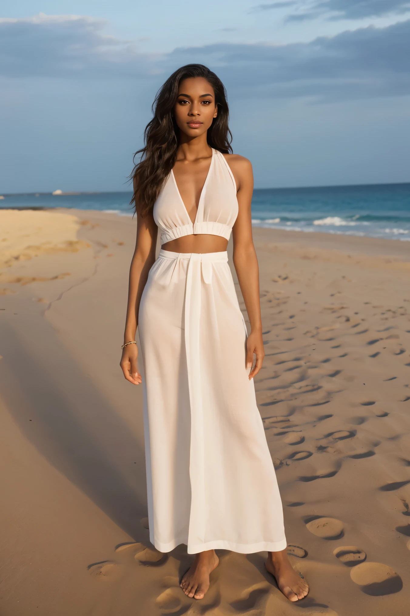 arafed, perfect face, light skin black instagram women supermodel, perfect face, perfect body, stretching standing up on a tropical sand road wearing white loose Italian linens, sunset, perfect face, light brown skin, very skinny, long wavy hair, thin body