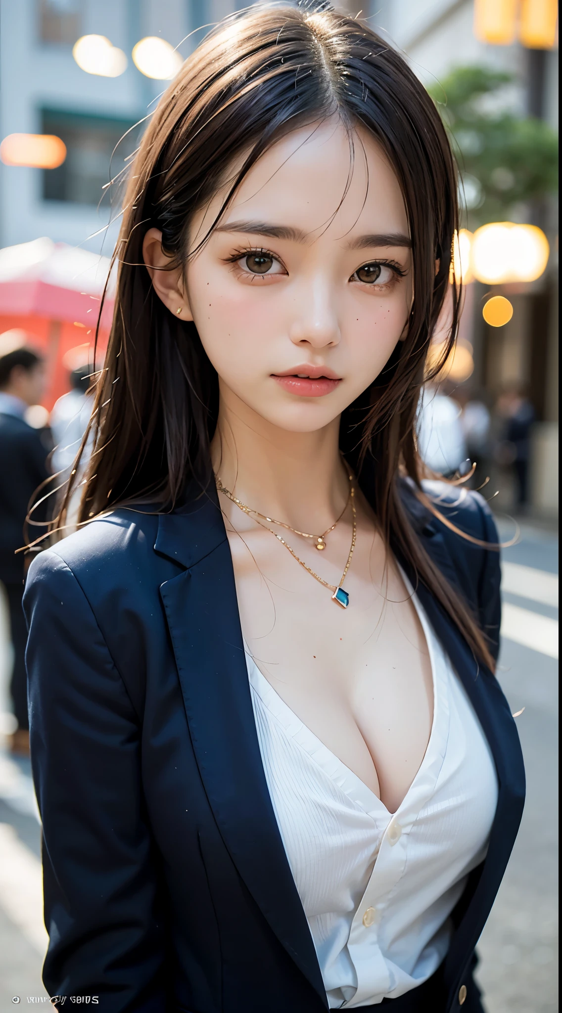 (masutepiece, Best Quality:1.2), 8K, 85 mm, Official art, Raw photo, absurderes, violaceaess, rosaceaess, gardeniass, Beautiful Girl, Pretty Face, close up, Upper body, Cinch West, Black Tailored Suit, Suit jacket, V-neck shirt, Looking at Viewer, (cleavage:0.7), Large breasts, Necklace, Film grain, chromatic abberation, Sharp Focus, face lights, clear lighting, Detailed face, (Bokeh background:1.2)