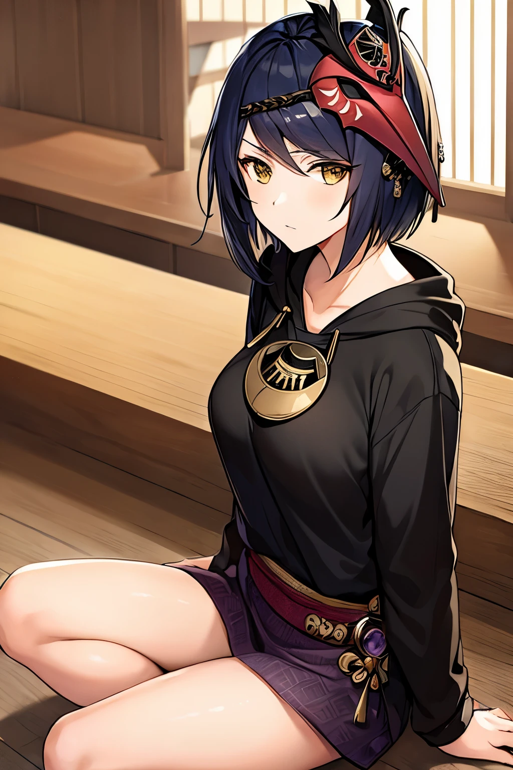 woman, kujousaradef, black hair, short hair, golden eyes, casual outfit, black hoodie, bare legs, sitting, sitting cross legged