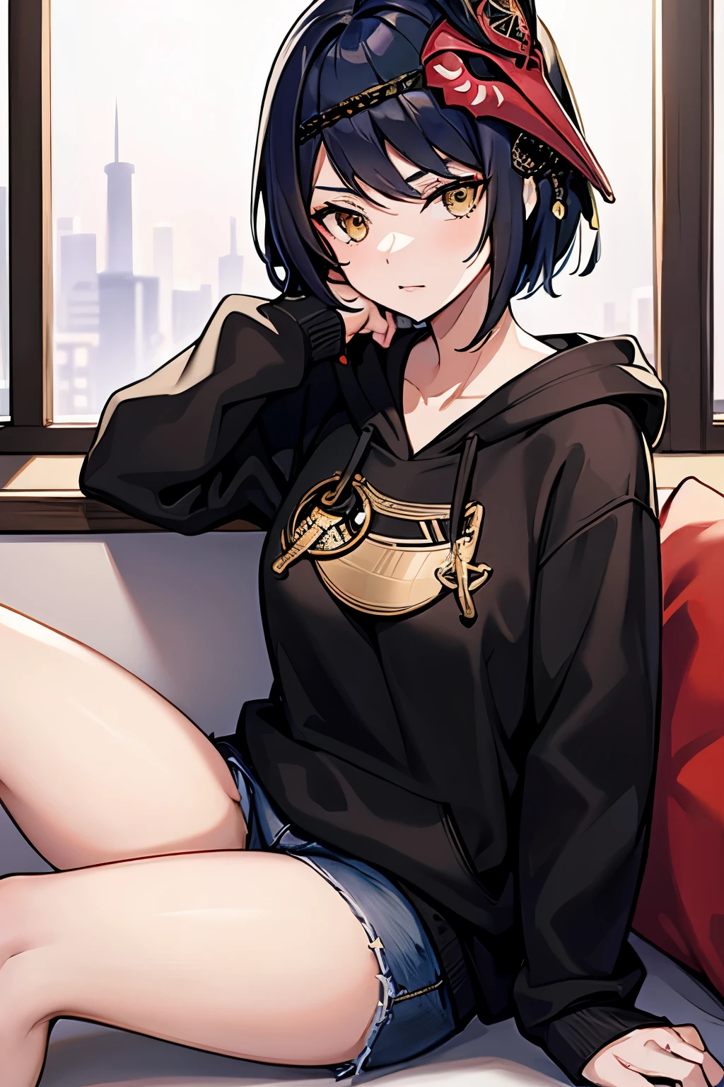 woman, kujousaradef, black hair, short hair, golden eyes, casual outfit, black hoodie, bare legs, sitting, sitting cross legged