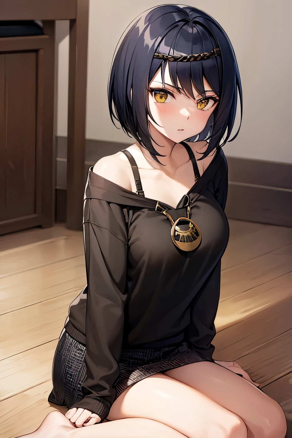 woman, kujousaradef, black hair, short hair, golden eyes, casual outfit, black hoodie, bare legs, sitting, sitting cross legged