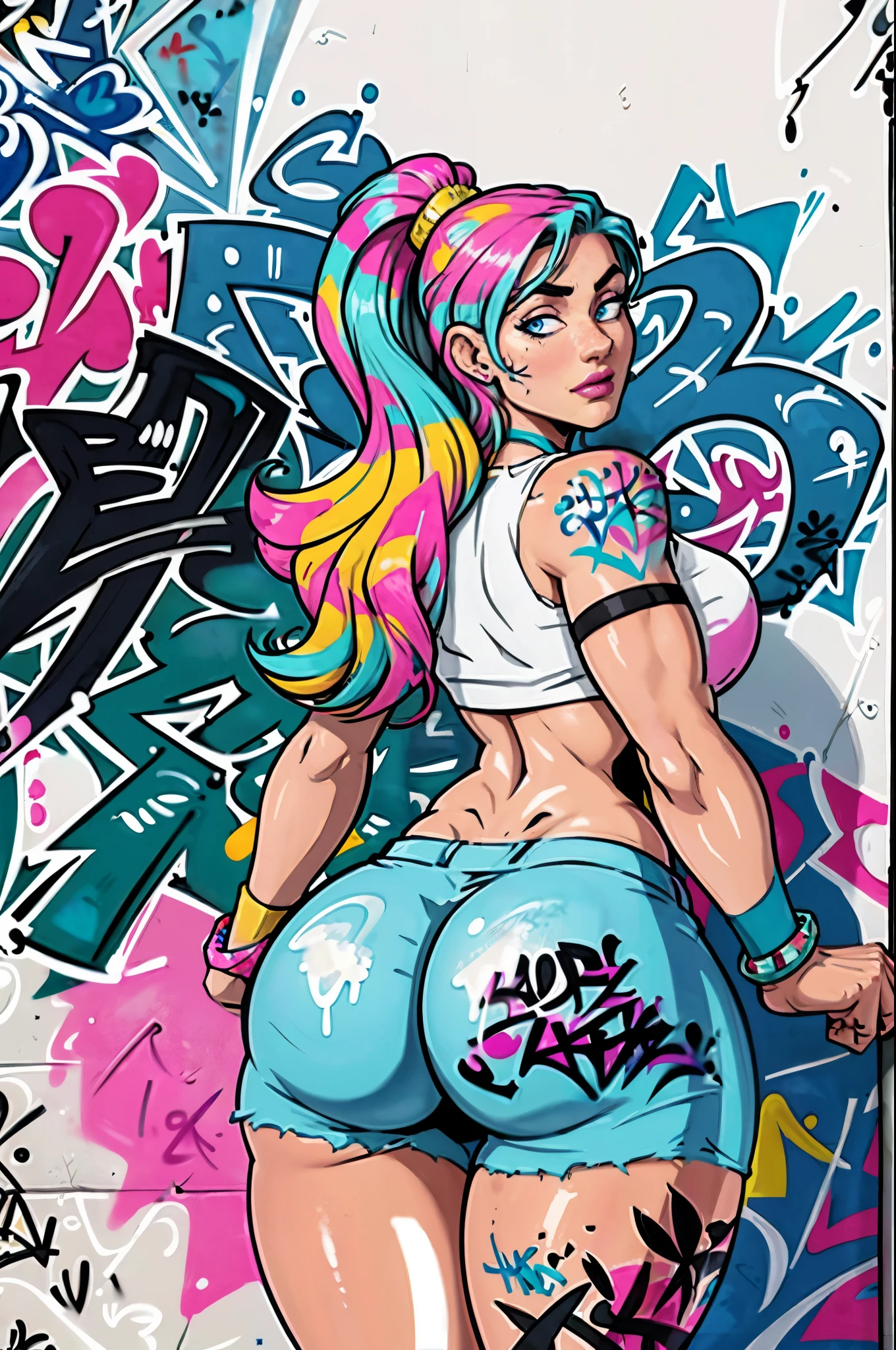 masterpiece, best quality, 25 years old beautiful woman, long hair, (mature face:1.4), 1woman, solo, crop top, gym shorts, choker, (from behind:1.4), plumb ass, thick thighs, thin waist, (graffiti:1.5), paint splatter, arms behind back, against wall, looking at viewer, armband, thigh strap, paint on body, head tilt, bored, multicolored hair (pink, blue), aqua eyes, headset