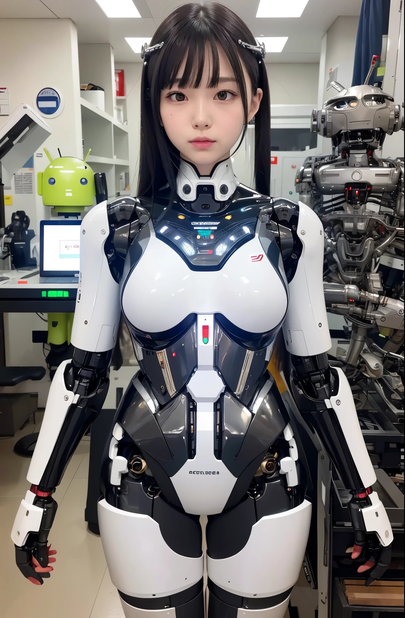 masterpiece, best quality, extremely detailed, Japaese android girl,Plump , control panels,android,Droid,Mechanical Hand, Robot arms and legs, Black hair,Blunt bangs,perfect robot girl,long tube,thick cable connected her neck,android,robot,humanoid,cyborg,japanese cyborg girl ,robot-assembly plant,She is assembling now,assembly scene