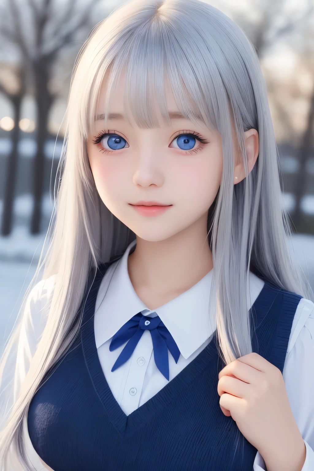 bright expression、fotorealsim、best quality、超High resolution、pictures、Very beautiful Nordic girl photo、Cute and beautiful face details、Beautiful bangs、Alice in the Wonderland、20 years old、Shining white shining skin、Bangs that stick out to the face、bangs 、Hair between the eyes、Super long hair、Attractive bright natural silver super long straight fine hair、Smoother hair、Bright light blue big eyes bright and beautiful radiant attractive、School uniform、winter clothes、eye liner、Double eyelids、breast big