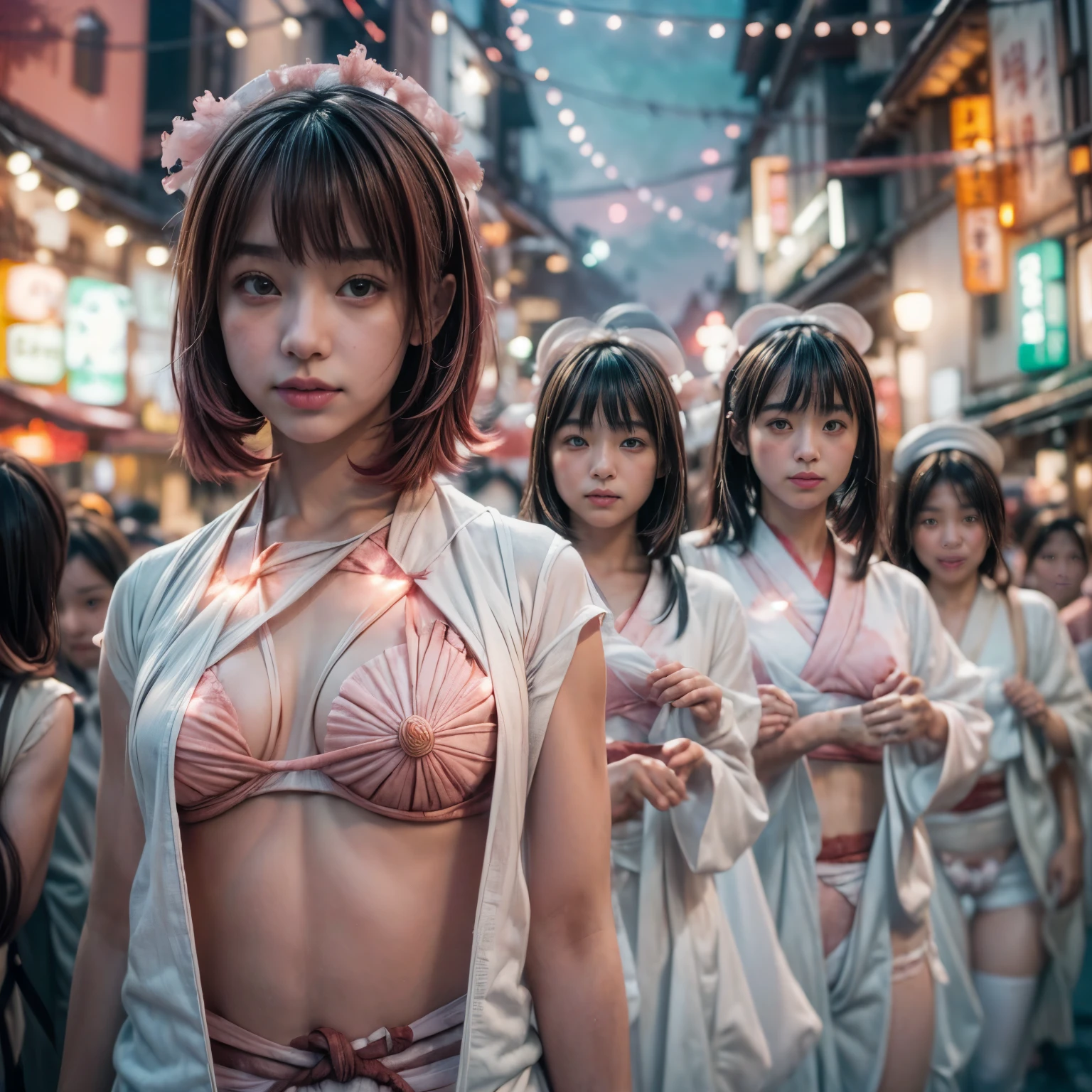 ((NSFW:-1.5)), (((nipple:-0.99))), ((bokeH, Acutance:0.85, ultra-detailed:1.35)), (((from below))) . The background is the downtown area at (Twilight:1.4), (((Red-dyed clouds above hed:1.3))), { The Sky takes up more than third of the composition | (many colorful Lights:1.2) | lens flare | Burning | Haze | (luminous Particles) | Mystic sight | Lightning | Underystemic:1.2 } . (Masterpiece:1.2) of professional Analog photo with Hasselblad, (((realistic and photorealistic with touch of rawness:1.37))) . ((( A group photo of KAWAII girls in WHITE Fundoshi, at Hakata Gion Ymakasa Festival ))), ((Extremely detailed KAWAII face variations)) . Assfocus with looking ahead .
