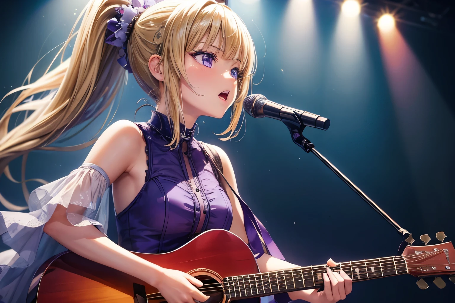 ((masterpiece:1.4, best quality)), ultra detailed, super detailed,Kei Karuizawa,1girl,blonde, ponytail, purple eyes, hd quality, wallpaper , singing , playing a guitar singing while playing guitar,idol,idol outfit , dress ornament, beautiful girl, long shot view