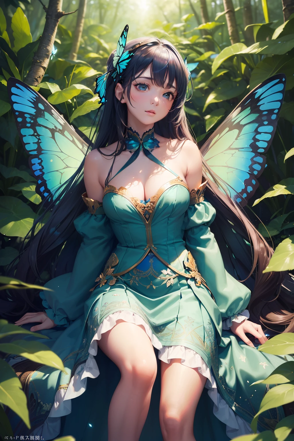, ((masutepiece)), ((best quality)), ((ultra-detailed and intricate)), beautiful girl in a blue skirt with butterfly wings, ((hyper-realistic and lifelike)), ((shimmering and iridescent wings)), ((realistic and delicate flowers on the forest floor)), sunbeams filtering through the trees, ((natural and soft lighting)), ((Solo Shot:1.0)), long curly brown hair, ((green and blue hues in the background)).

The girl wears a flowy, knee-length blue skirt that sways gently in the breeze as she stands still, staring in awe at the magical sight in front of her. Her butterfly