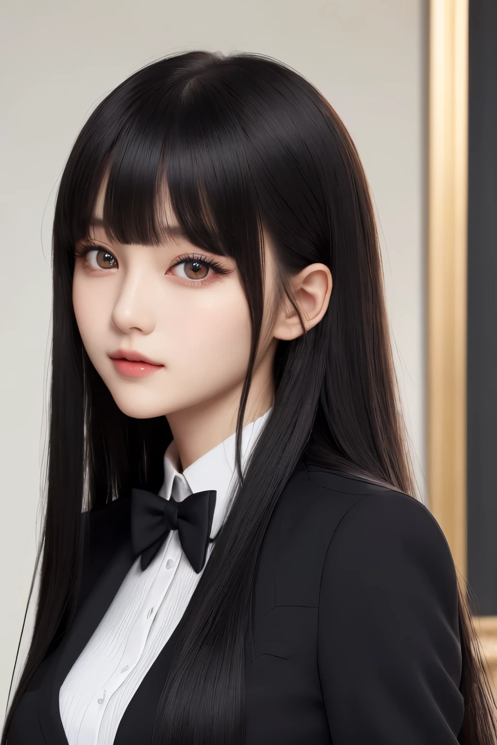 bright expression、fotorealsim、best quality、超High resolution、pictures、Very beautiful Nordic girl photo、Cute and beautiful face details、Beautiful bangs、Alice in the Wonderland、20 years old、Shining white shining skin、Bangs that stick out to the face、bangs 、Hair between the eyes、Super long hair、Attractive bright natural black super long straight fine hair、Smoother hair、Bright red big eyes bright and beautiful radiant attractive、suit uniform、black clothes、eye liner、Double eyelids、breast big