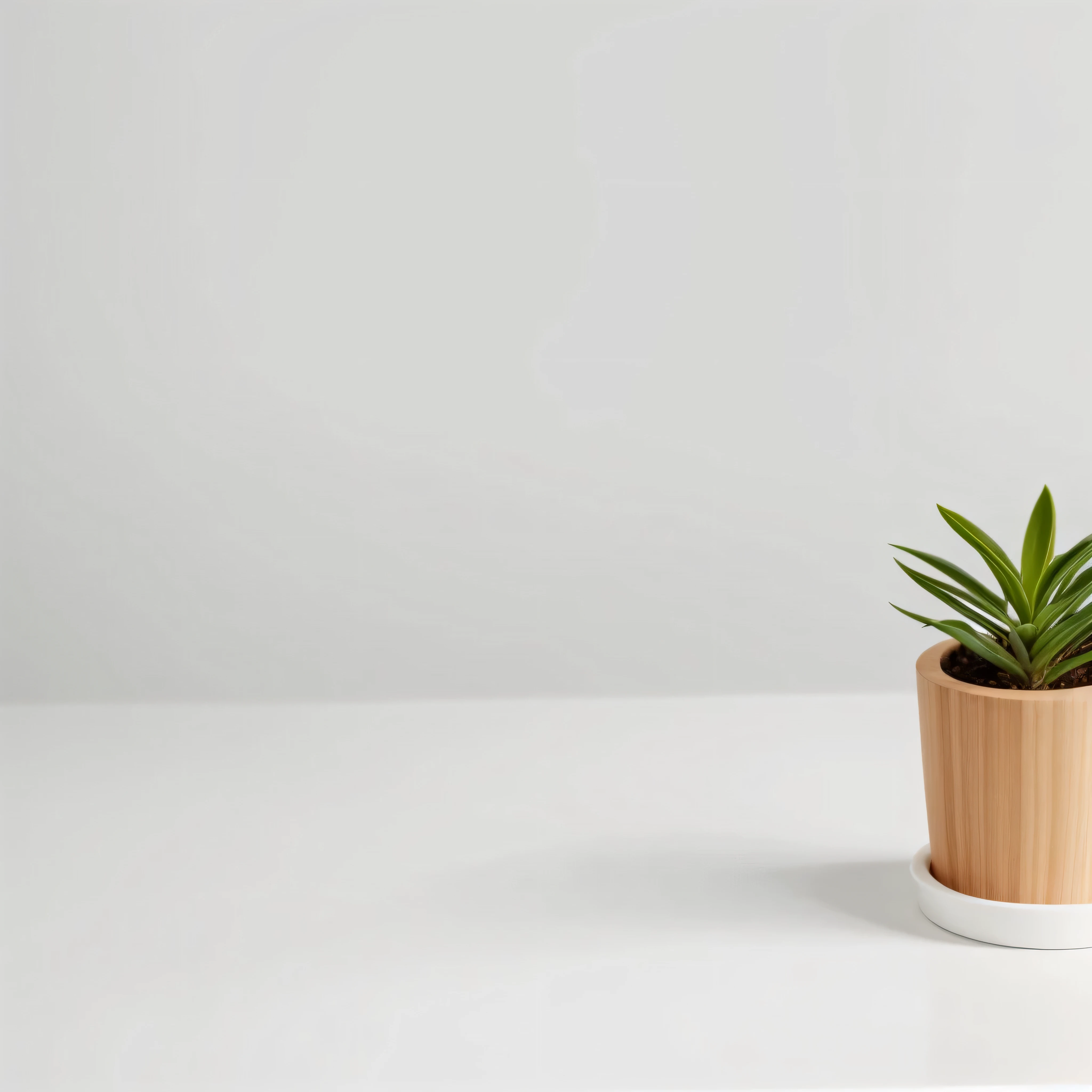 There is a small potted plant，There is a small plant inside, Very simple, on a white table, The walls are wood grain background