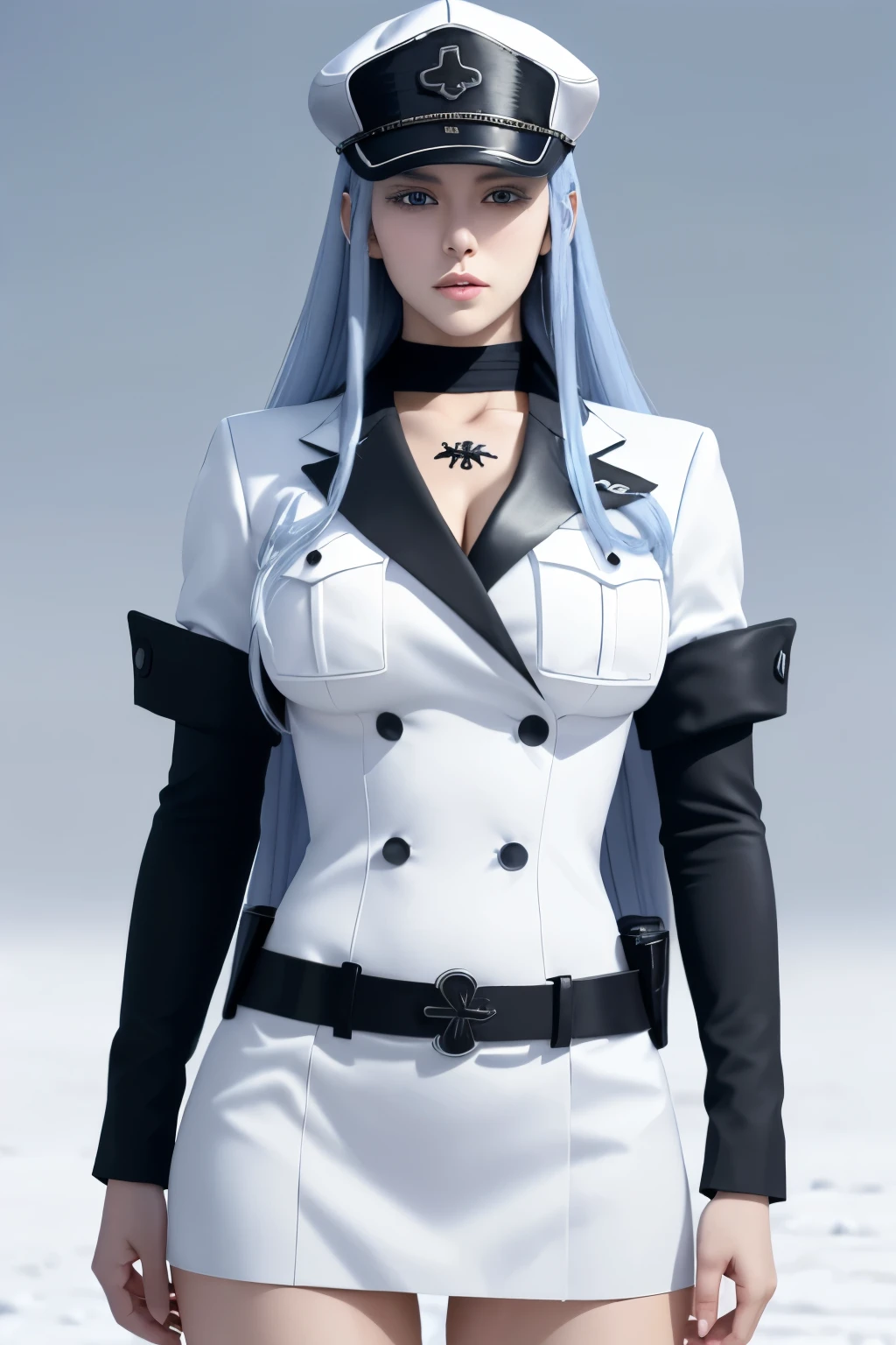 beautiful girl long light blue hair and blue eyes, white skin, slim body, big breasts, sexy, standing pose, wearing white military uniform and hat, cool girl, military girl, facing forward, face portrait, snow background, smooth texture, high quality, high detail, ig model, realistic.