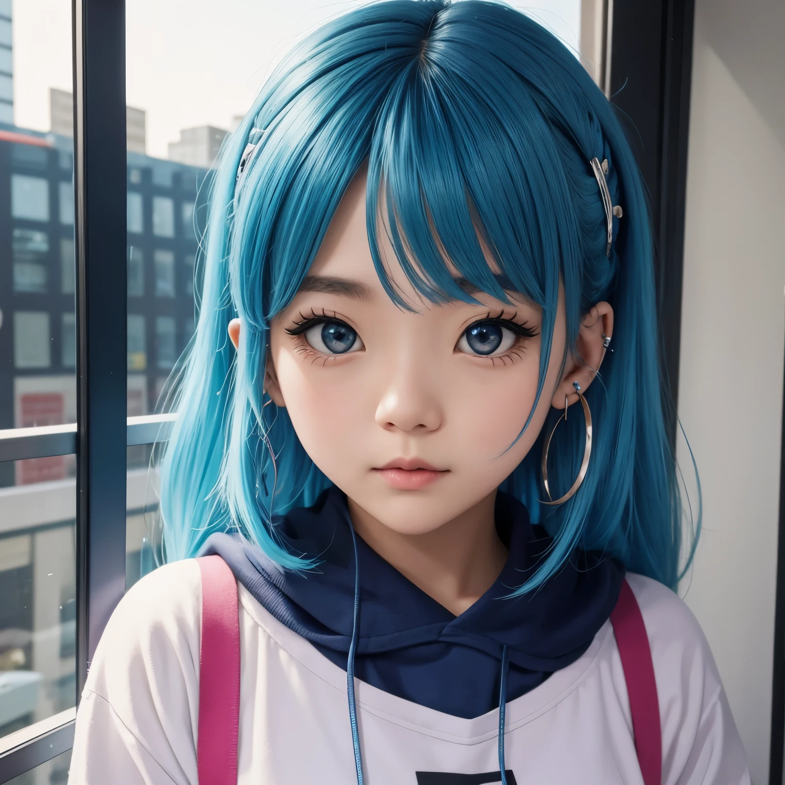 with blue hair、I have a lot of piercings、A little chubby anime style girl