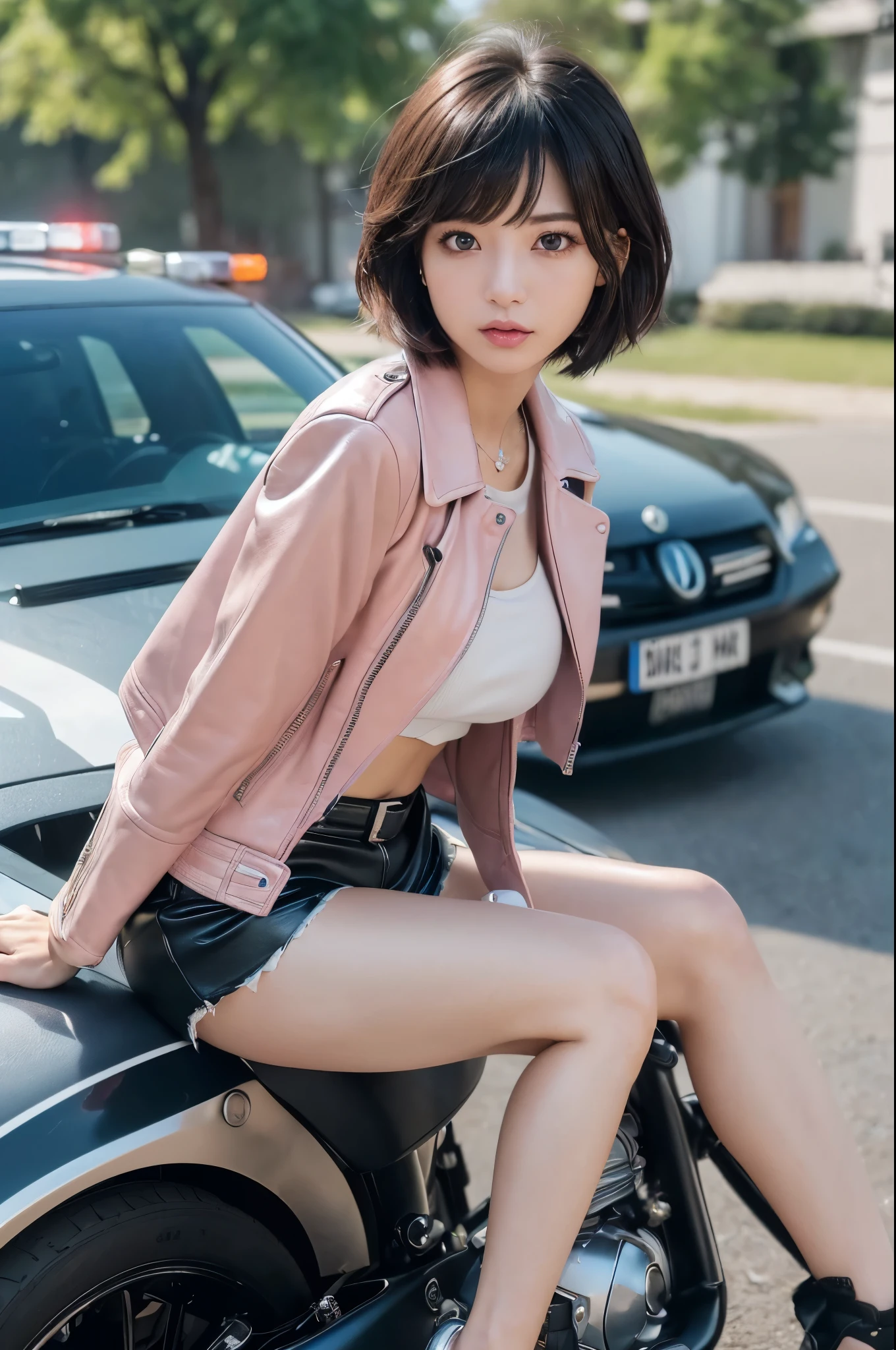 (1 woman、Japanese、24age、Refreshing、clear、seems kind、stylish、attractive narrow eyes、Pitiful、天使のようにcute、cute、black eyes、Idol,actress,big breasts),(big breasts:1.4).(very cute),(Doggy)、(black hair),enchanting eyes、(,(highlight on eyes:1.4),),(In 8K、Live shooting、highest quality、masterpiece:1.2、optimal lighting,Shooting with a SLR)、(short bob cut、blunt bangs),masterpiece,(Photo taken by a professional photographer),(real、フォトreal:1.37),break,{motorcycle police uniform,(pink leather jacket),(police emblem),(bratop),leather shorts}, sitting on the car