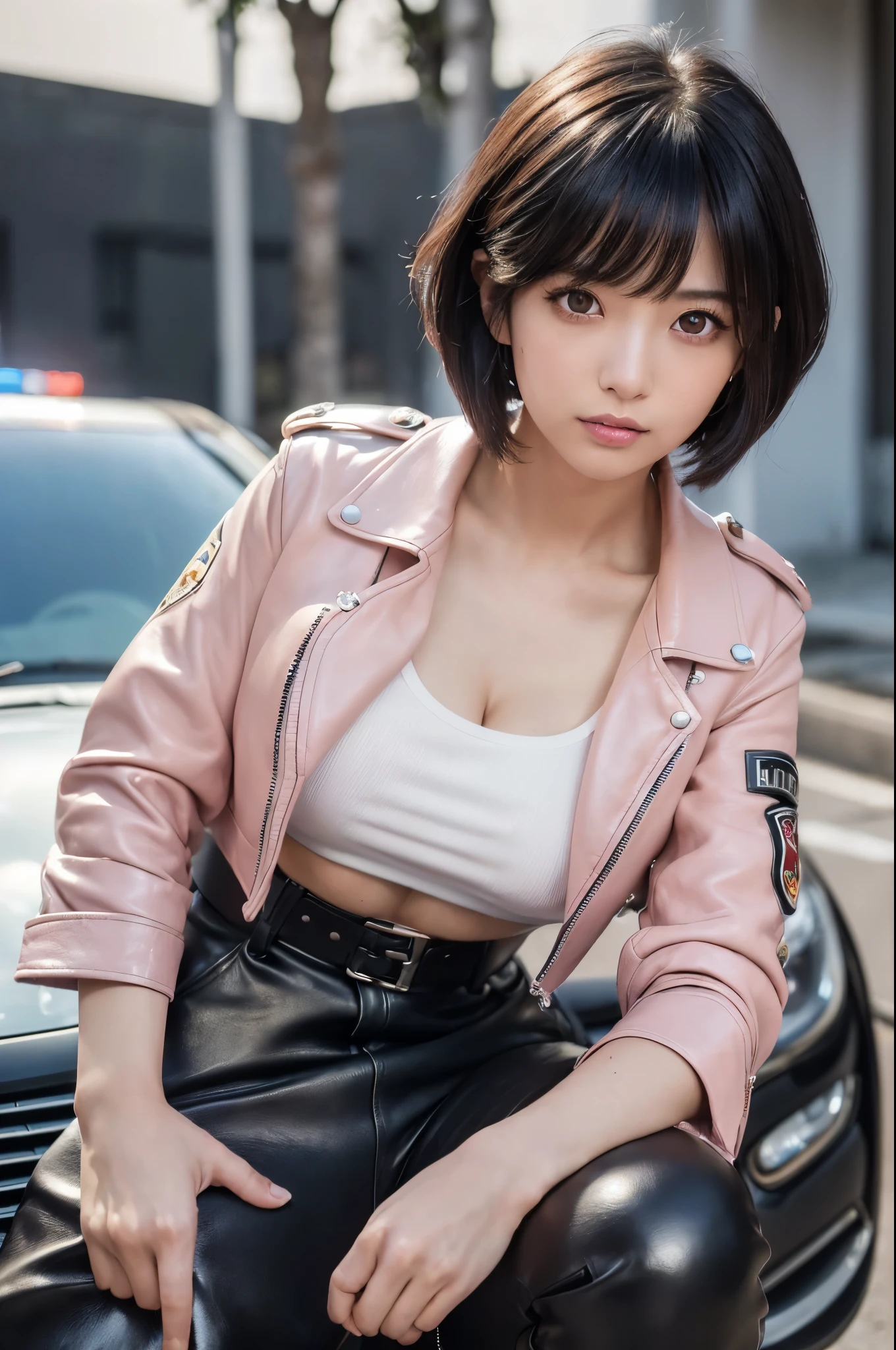 (1 woman、Japanese、24age、Refreshing、clear、seems kind、stylish、attractive narrow eyes、Pitiful、天使のようにcute、cute、black eyes、Idol,actress,big breasts),(big breasts:1.4).(very cute),(Doggy)、(black hair),enchanting eyes、(,(highlight on eyes:1.4),),(In 8K、Live shooting、highest quality、masterpiece:1.2、optimal lighting,Shooting with a SLR)、(short bob cut、blunt bangs),masterpiece,(Photo taken by a professional photographer),(real、フォトreal:1.37),break,{motorcycle police uniform,(pink leather jacket),(police emblem),(bratop),leather shorts}, sitting on the car