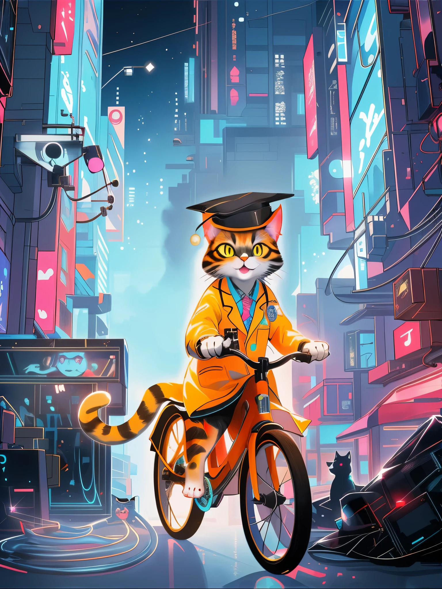 Masterpiece,exquisite,8k,1 cat,cute, dr cat, happy, eyes looking ahead, doctor in white coat, science, pretty | black | blue hair,exquisite makeup,slogan,eye shadow,eyeliner,laser top,laser skirt,Cyberpunk,neon light blue shining, technology street, opmies microscope with a doctor, streets, open your mouth and laugh, white clothes