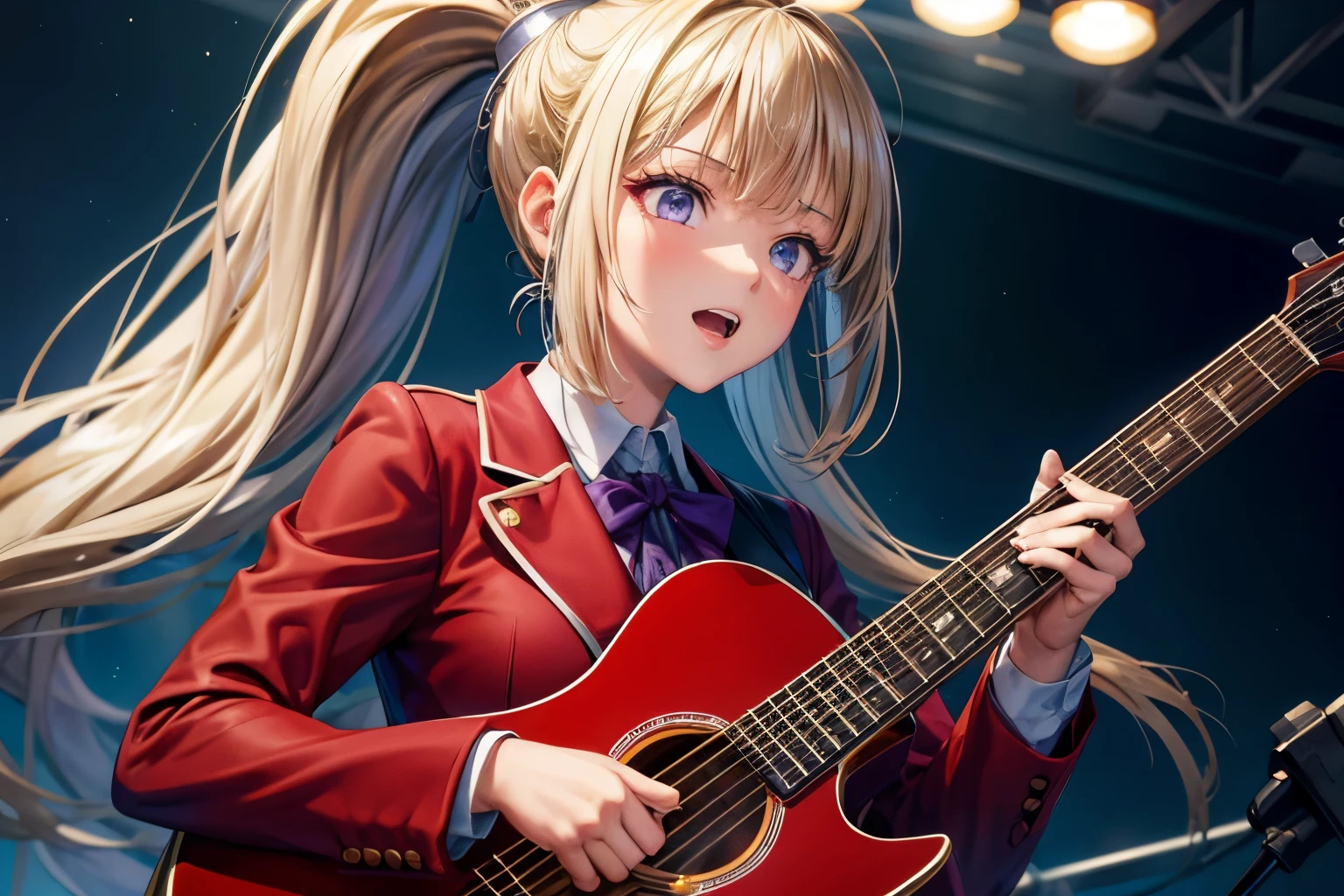 ((masterpiece:1.4, best quality)), ultra detailed, super detailed,Kei Karuizawa,1girl,blonde, ponytail, purple eyes, hd quality , singing , playing a guitar singing while playing guitar,idol, school uniform, red Coat, white skirt, beautiful girl, long shot view