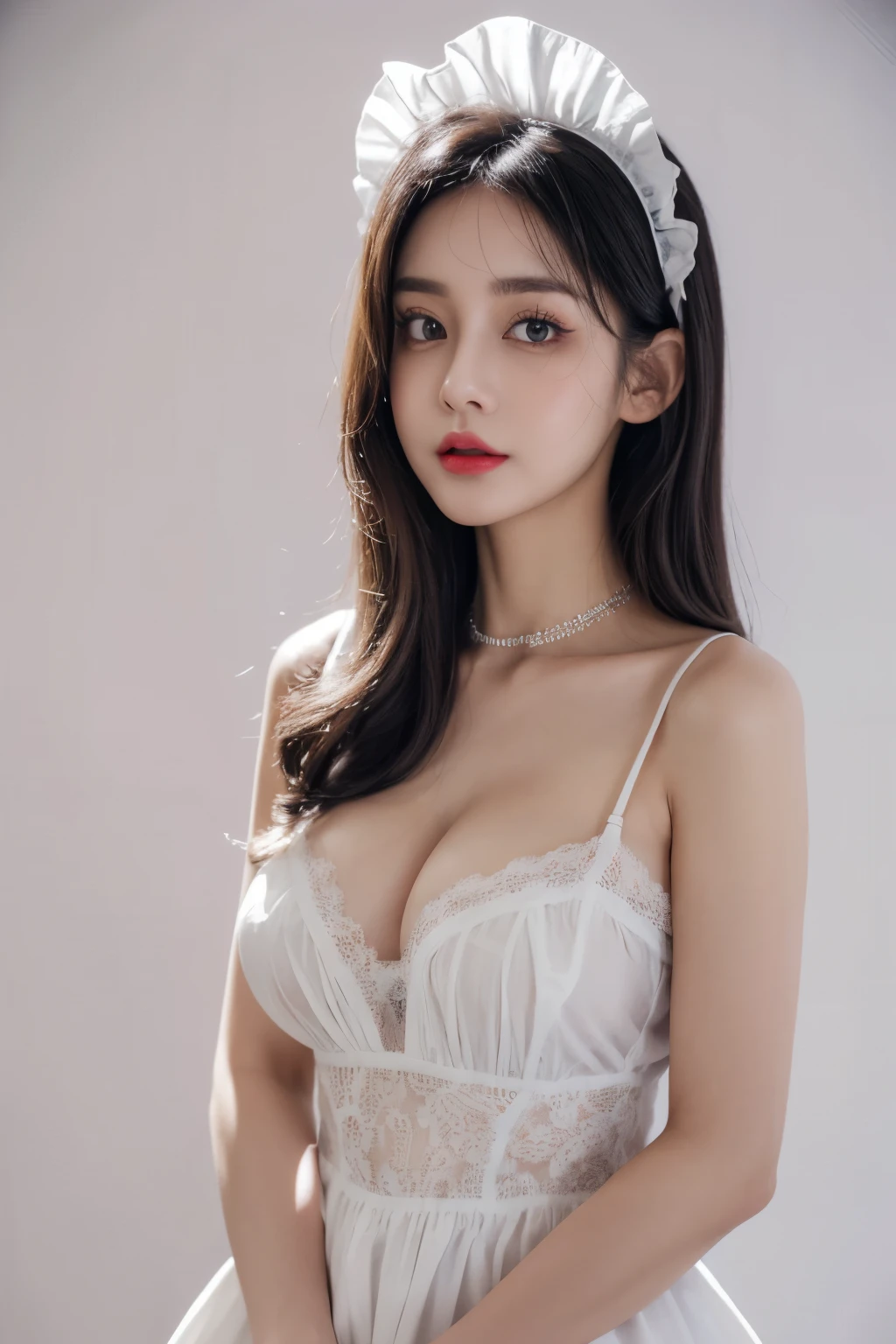 A maid, beautiful, amazing face and eyes, cosmetic, red glossy lips, (Extremely detailed beautiful face), (The sexiest look), (best quality), (Super detailed), (Extremely detailed CG unified 8k wallpaper),original photo, Professional photography, (standing), (pure white background),(black hair),(big eyes),(Soft light source),(A little cleavage),(Maid clothes)