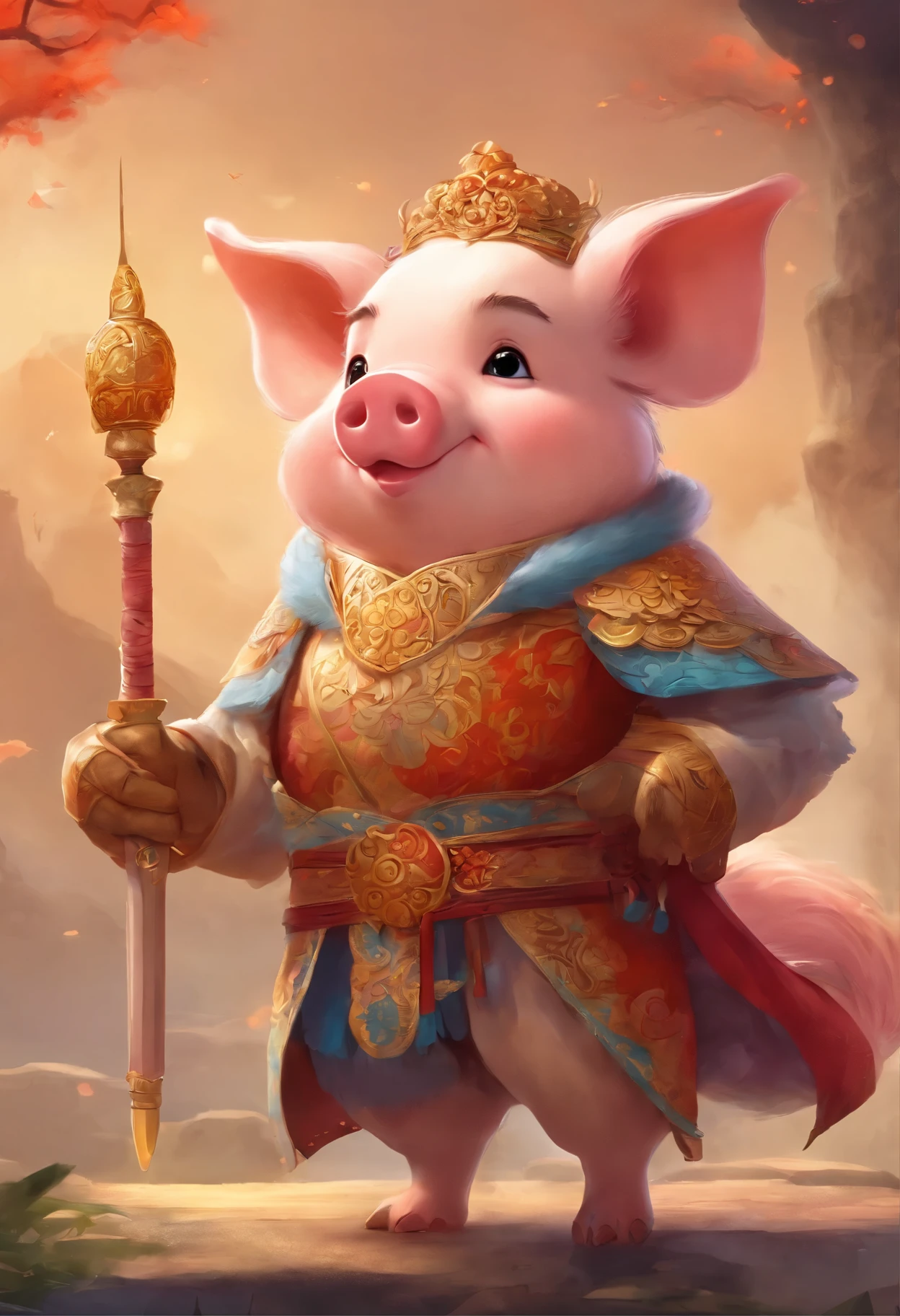 :A cute pig wearing a traditional male silk dress, Wearing boots and holding traditional Chinese cold weapons,dynamic poses, Chinese traditional clothing Chinese cold weapons, knife, sword spear, folding fan, blind box toys, Beautiful features, whole body,Panorama , front, soft gradient, delicate glow, clay material,light and shadow,3D art,c4d,mixer,OC renderer extremely detailed,disney characters pixar characters,16k,--There are 2:3 --S 400 -- Style expression SD:Large model revAnimated Lora:Blind box 0.5 The redraw range does not exceed 0.3