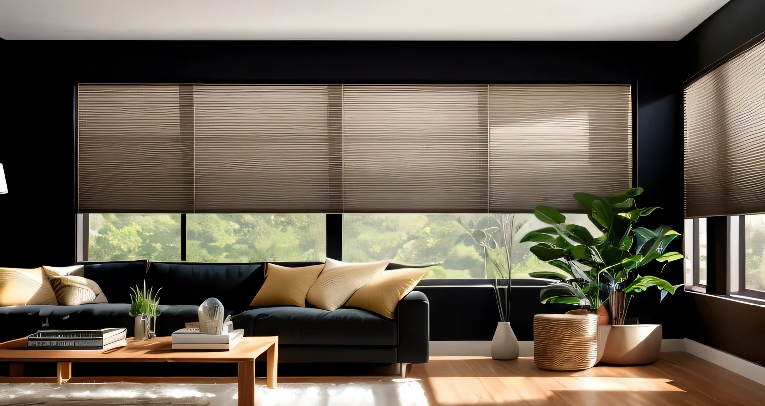 living room with sofa, coffee table, and curtains, Award-winning shadows, dramatic shadows, natural window lighting, perfect shade, Beautiful shades, Soft light shines through the honeycomb curtains, perfectly shaded, With natural light as background, wonderful light and shadow, Complex shadows, Professional shading, Dark and beige atmosphere, The shade is perfect, Attractive backlit windows, There is a big window next to it