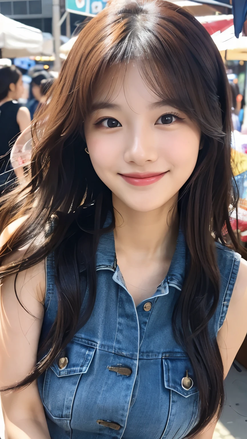 UHD, Extreme close-up of cute Korean female,Chest size 32 inches, wavy hair, slightly smile, wearing sleeveless denim, pants, at the market, blurred background 