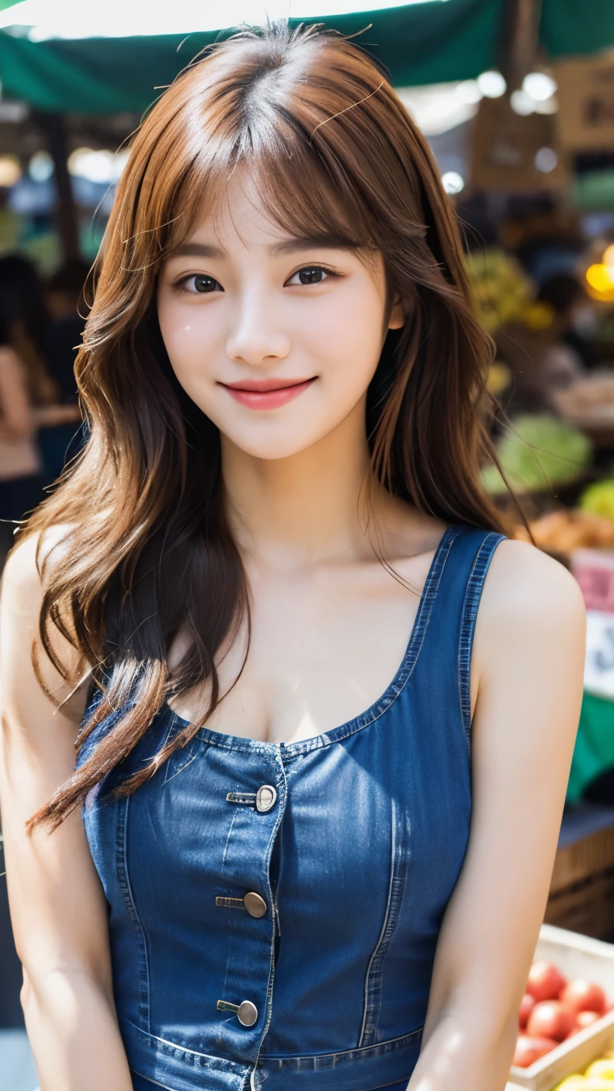 UHD, Extreme close-up of cute Korean female,Chest size 32 inches, wavy hair, slightly smile, wearing sleeveless denim, pants, at the market, blurred background 