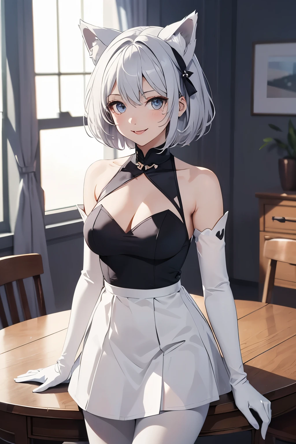 table top High level image quality best image quality 8K adult lady(I) portrait 白のlong gloves(long gloves)) white pantyhose black dress(mini skirt) White wolf ears short hair((shortcut)(gray hair)(perm)(fluffy)) eye color is blue smile With background(Bedroom)
