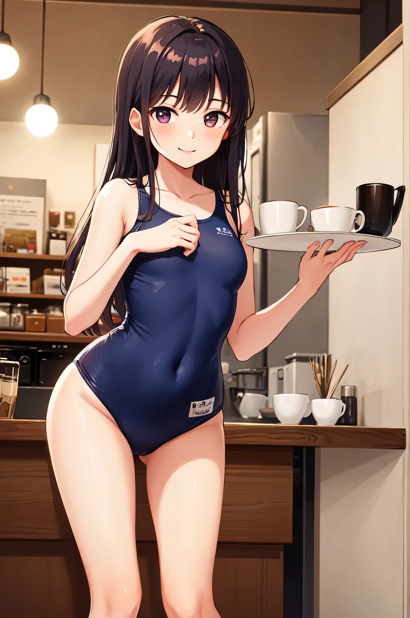 photo of a girl, wearing navy school one-piece swimsuit, low-legs, upper shot, perfect fingers, perfect hands, bare-legs, indoor, standing, serving coffee on the tray, welcome, (cafe:1.2), customer service, smile,