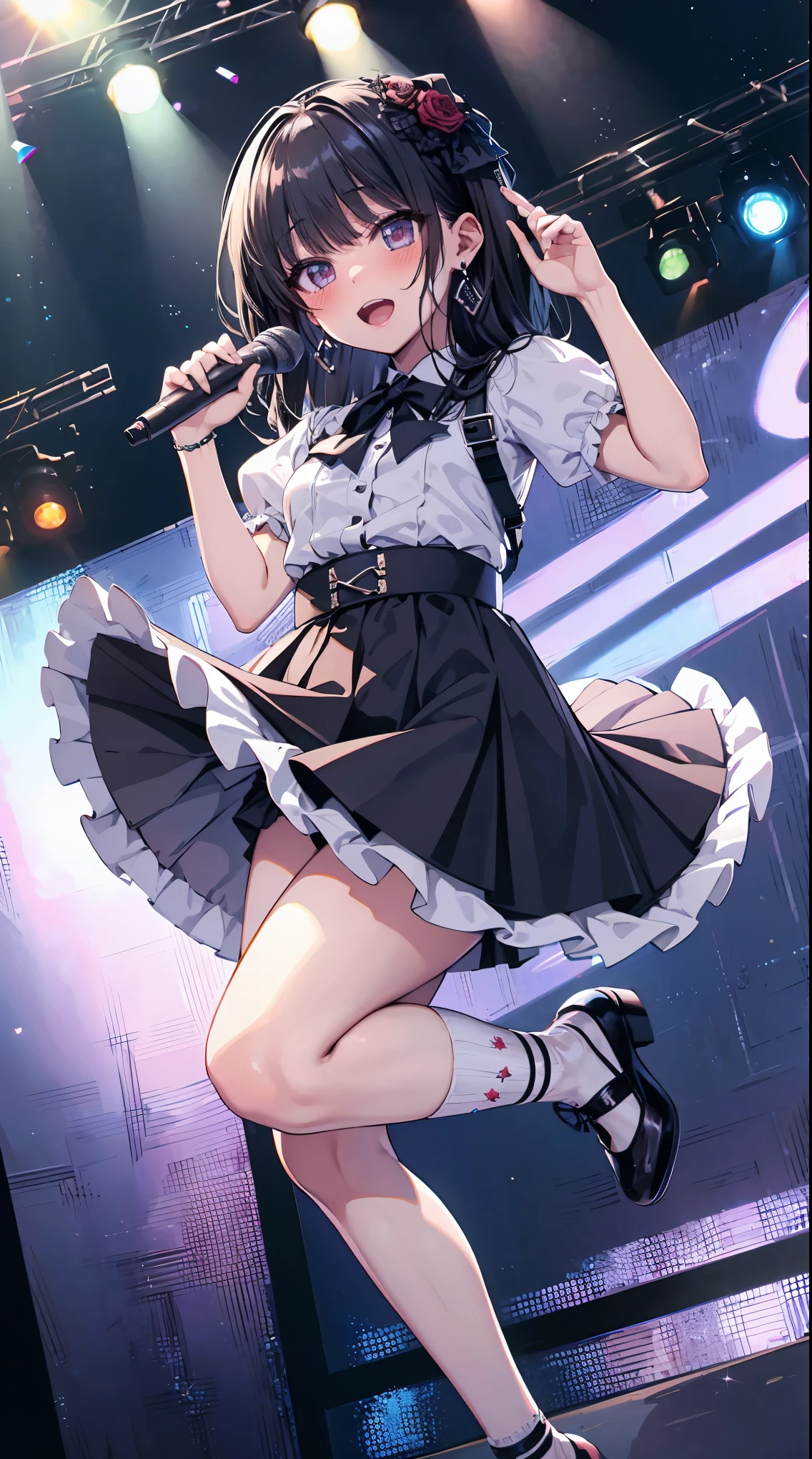 cowboy shot,highest quality、best image quality、In 8K,4K,masterpiece、Super detailed、beautiful、super high quality, highest quality,High resolution, Super detailed,game CG,dutch angle,beautiful detailed eyes,five fingers,beautiful女の子, 1 girl, bangs,black hair,blush, flat chest, looking at the viewer,Are standing,((idol)),on stage,happy,blush,jewelry, standing, earrings, frills,dress, midriff,stage lights, strong light,live music club,open mouth,(jumping:1.5),dynamic angle,(pigeon toed),hold on microphone,(skirt lift:1.5)
