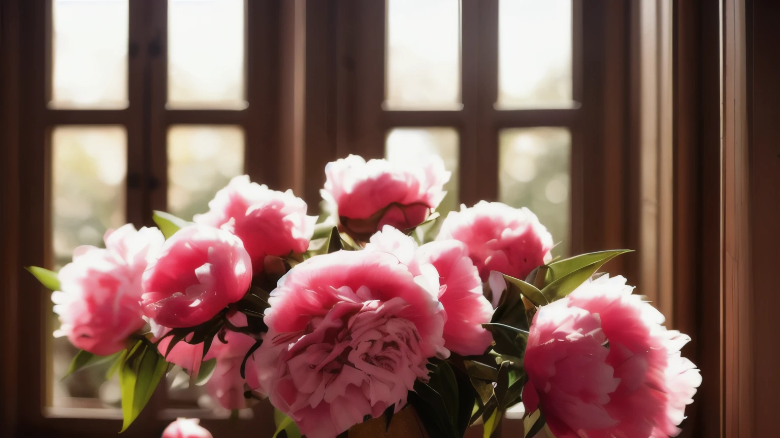 hyper ultra realistic photographs full body of A cascade of soft pink peonies fills a vintage ceramic vase. Sunlight streams through a window, casting a warm glow on the delicate petals and creating a romantic atmosphere against a dusty rose backdrop. ratio 16:9, 4k, 8k resolution, High quality photo, high detailed, imagesharp focus, Cinematic lighting,hyperdetailed & Unreal engine, detail, realism, photography,cinematography, camera NIKON, lens NIKKOR flagship, masterpiece. hyper-maximalism, ultradetailed photorealistic, light skin imperfections, final render, vray, photo, fashion