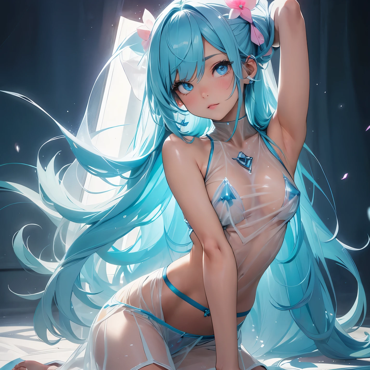 (quality)), ((masterpiece)), Recommended resultsluffly、(see through:1.5)、whole body 、Swollen nipples，straighten your back、huge bust、angle to floor:1.2、low camera angle、Hair loss on crotch、Whole body facing the camera，Hair can be seen on the crotch，Hatsune Miku, Fluorescent milky white，Blue-pink pupils，Blue and White Clothes，Super nice looking, Very sweet and lovely face，Light of faith