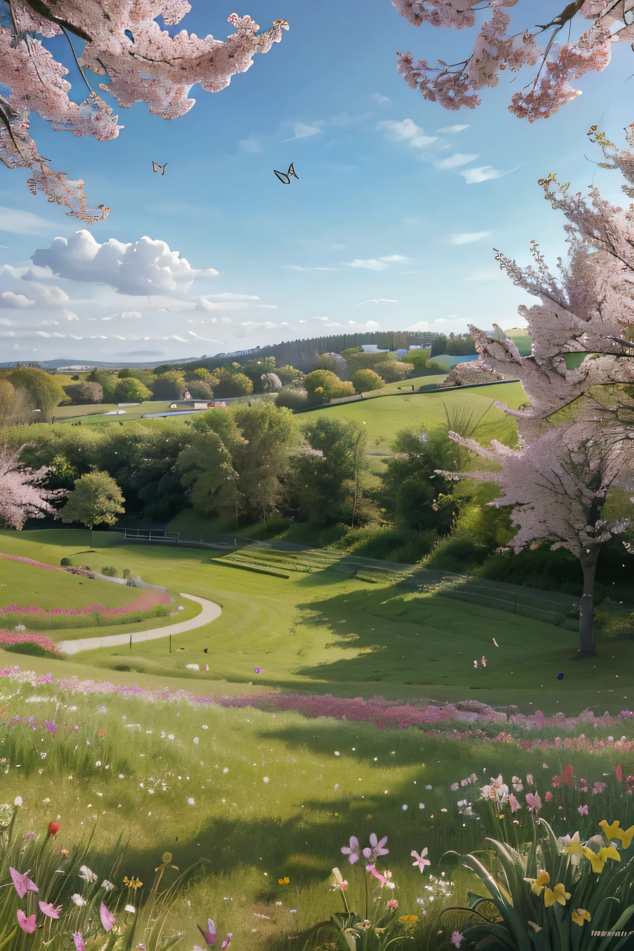 (best quality,4K,8k,high resolution,masterpiece:1.2),bright colors,spring,blooming flowers,Lush green grass,Open meadow,Colorful landscape,natural beauty,Floral paradise,peaceful atmosphere,Sunlight shines,refreshingbreeze,cherry blossom in full bloom,Blooming tulip fields,Delicate daffodils,Fragrant lavender fields,Romantic picnic under blooming trees,Butterflies are dancing around,Naughty rabbit jumping on the grass,happy birds chirping,clear blue sky,soft sunshine,Peaceful and quiet atmosphere,lifelike,highly detailed painting of a spring landscape.