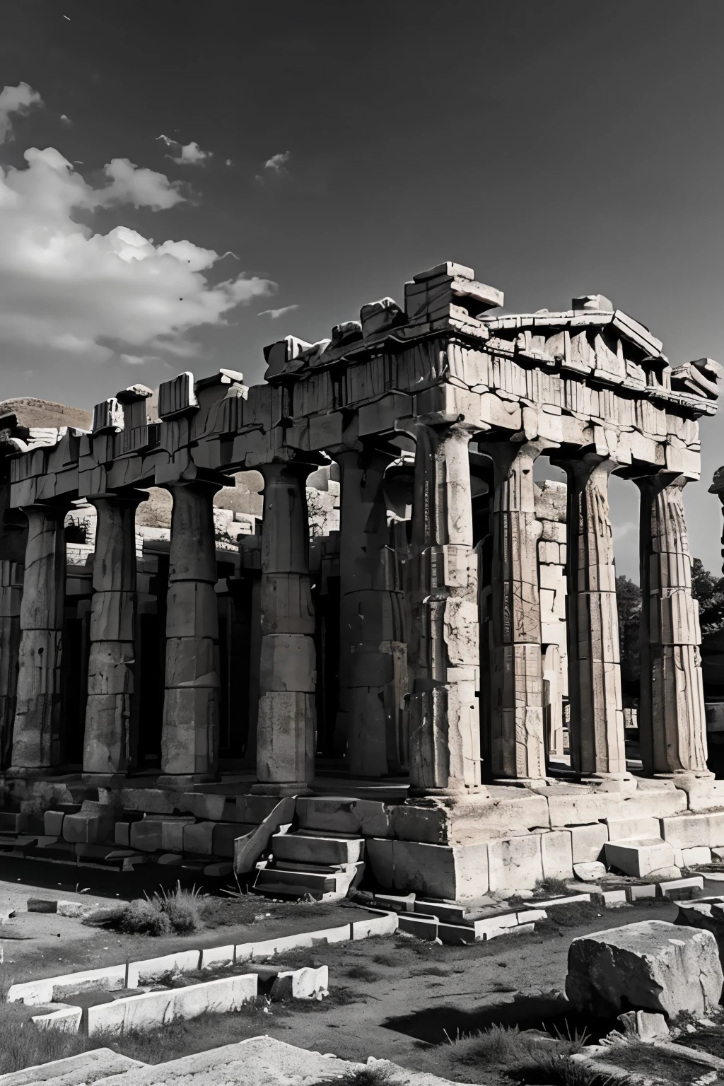 A dark landscape image of an ancient greek society deeply connected to stoicism, black and white, ancient greek architecture for youtube channel banner
