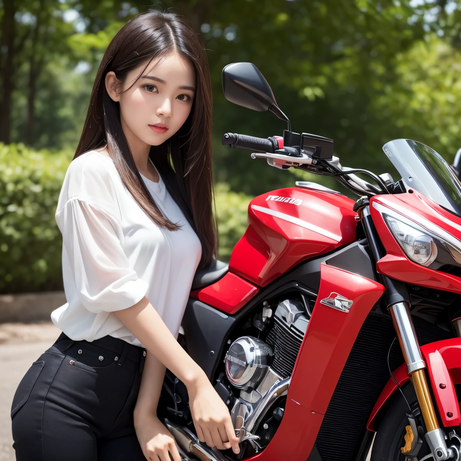 (8K, top-quality, masterpiece: 1.2)
(reallistic, Photorealistic: 1.2)

A young Thai girl, looking fresh and radiant, wears a tight white blouse, standing beside a red motorbike.
(Detailed description:)

The pale, smooth complexion of her youthful skin is accentuated by the bright, vibrant hue of the red motorbike. Her blouse, a fitted number, clings tightly to her  frame, the whiteness of the fabric bringing out the vibrancy of the red motorbike. Her hair, dark and glossy, cascades down her
