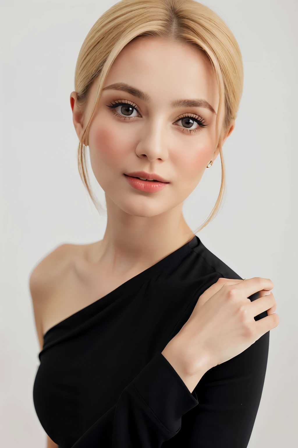 A 20-vear-old professional Russian woman exuding a mature and confident charm in her professional photo against a white background.