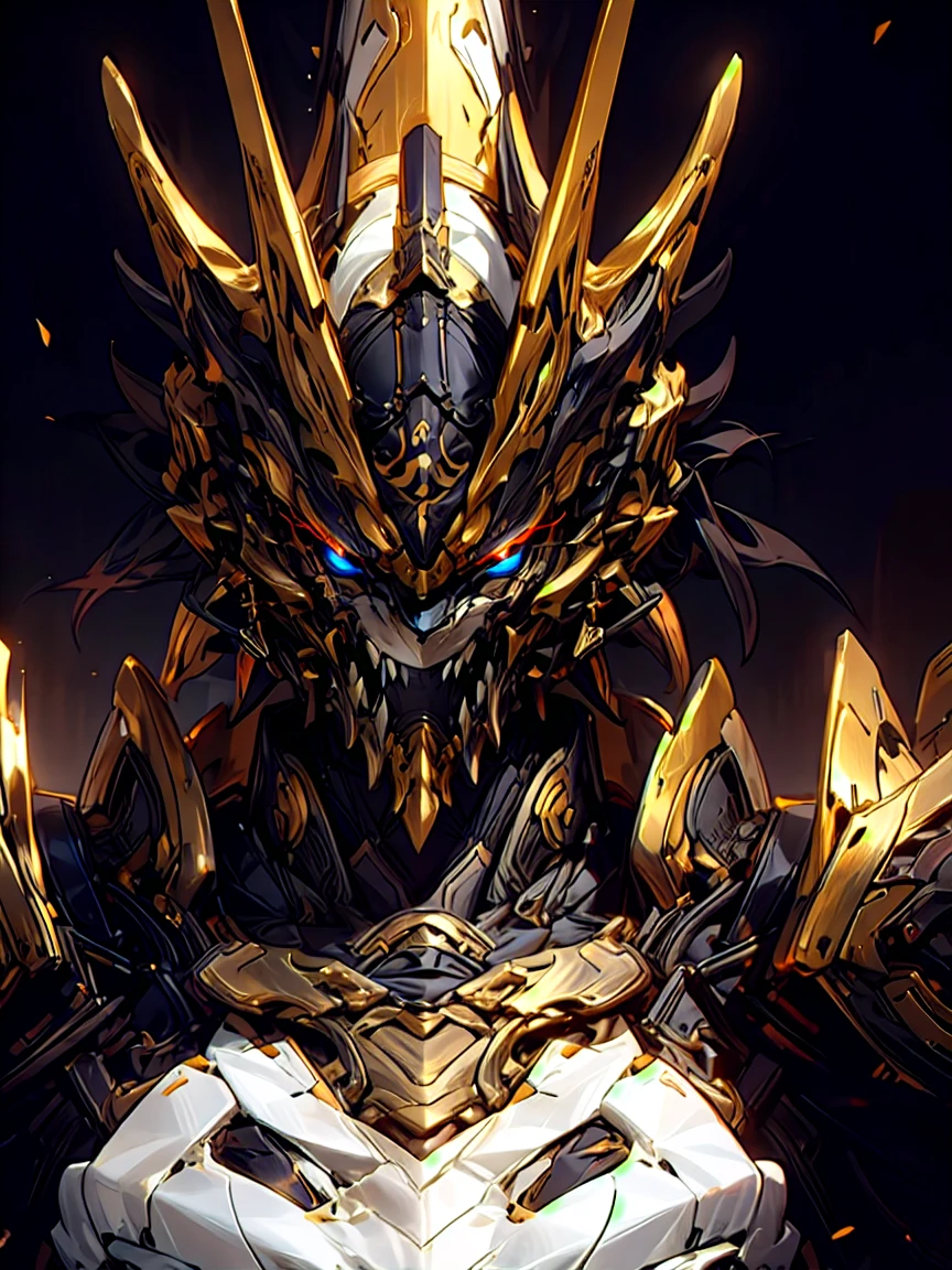 giant mecha, ((close up of face)), Western armor inspired by ninjas, Has an assault rifle, cute face, ((Ninja mask imitating a demon, Mecha&#39;s mouth)), open your mouth and show your fangs, muscular, toned body, small breasts, (silver hair), red highlights, four red eyes, (acrobatic pose:1.1), top of the mountain, view audience, ((black and gold armor)), long hair, Perfect Hip, serious expression, masterpiece, highest quality, 8K, Super detailed, perfect face, detailed face, fine eyes, hard lighting, dynamic shadow, maximum clarity and sharpness, multilayer texture, Increase depth of field, sunlight shines in,