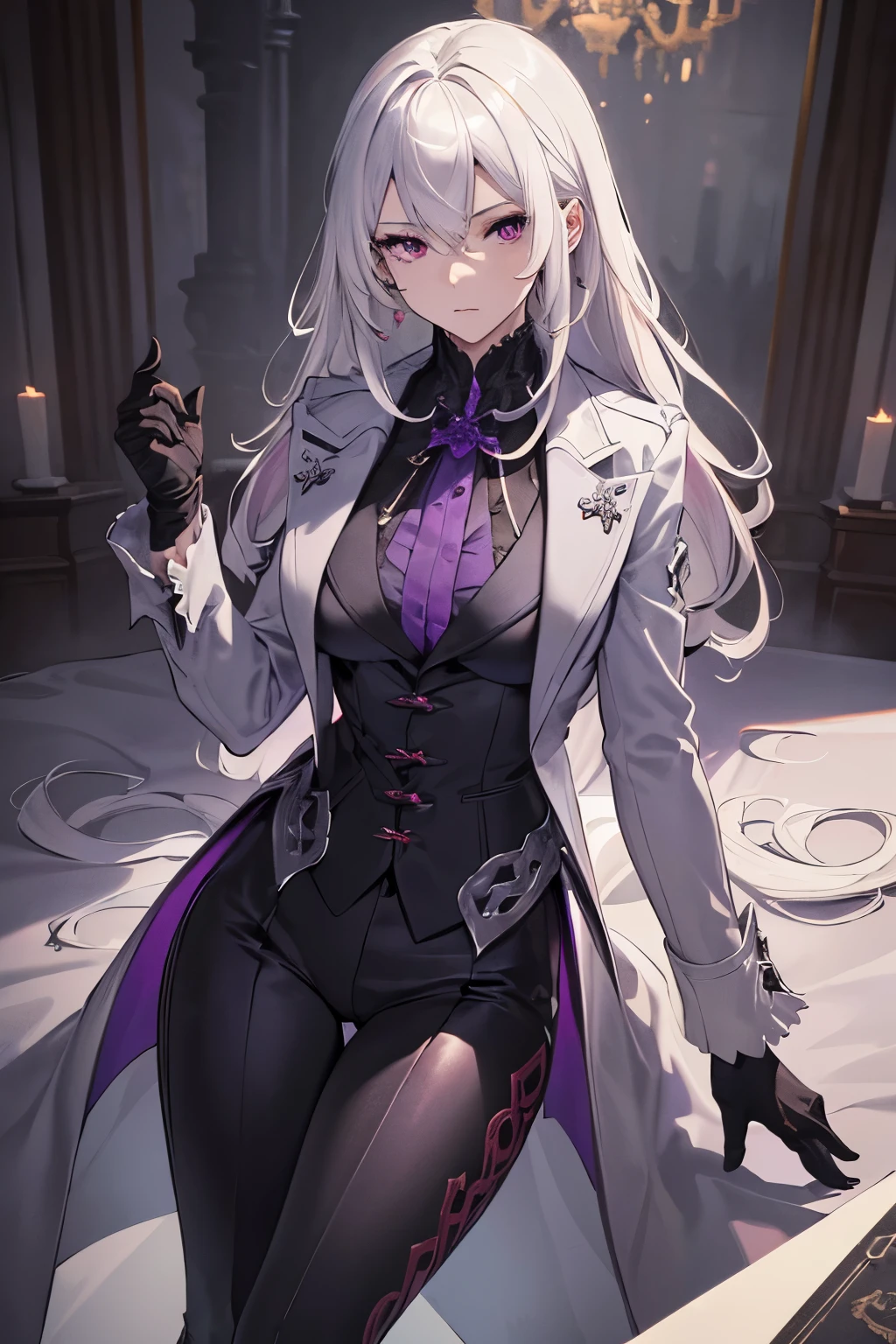 (best quality:1.3), (masterpiece:1.3), (illustration:1.3), (ultra-detailed:1.3), (mid shot:0.9), 1girl, solo, ((long hair, white hair, purple eye, grey coat)), large breasts, black pants, serious expression, tall, mature, elegant, black gloves, black pants, grey vest, grey shirt,